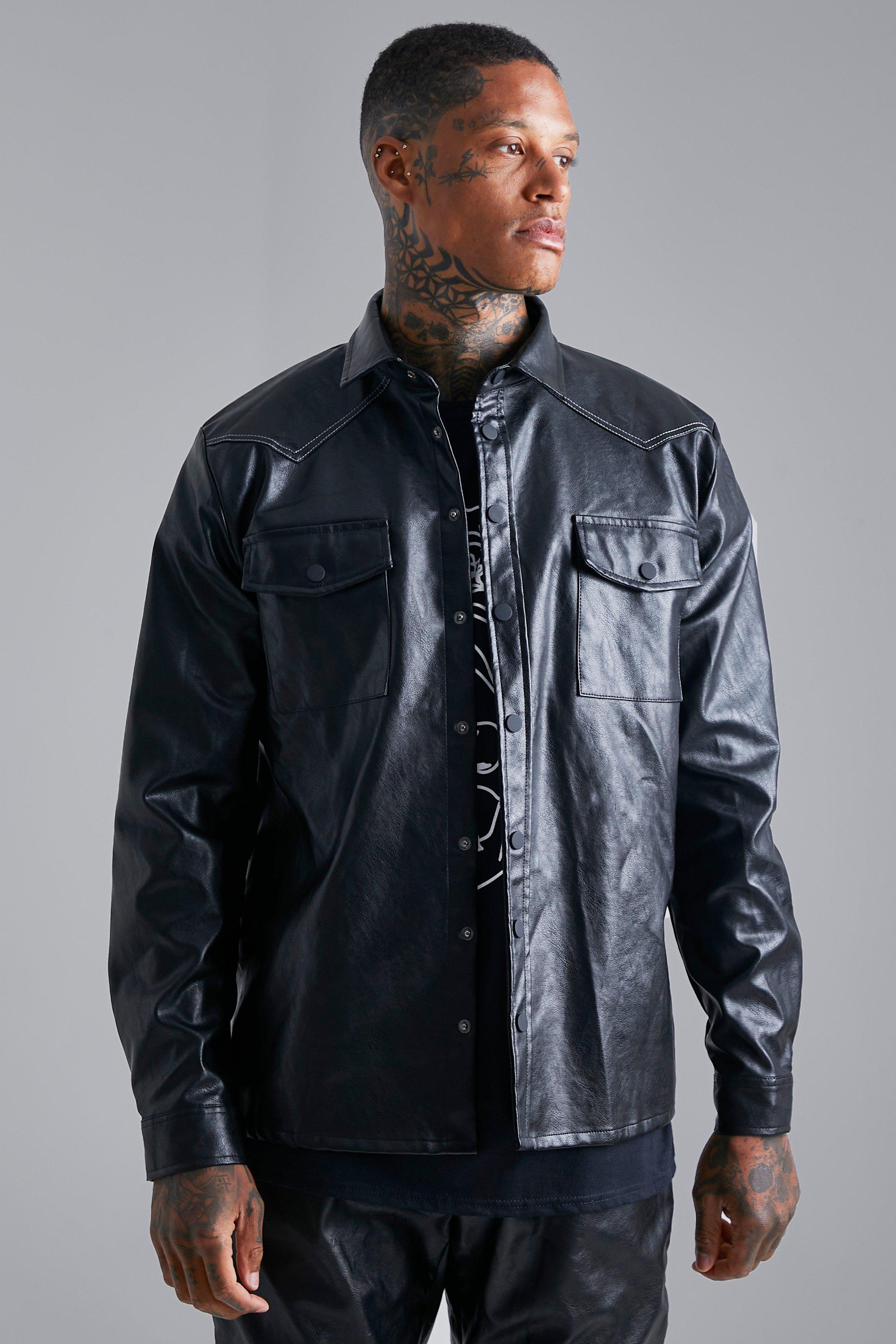 Black Contrast Stitch Pu Overshirt