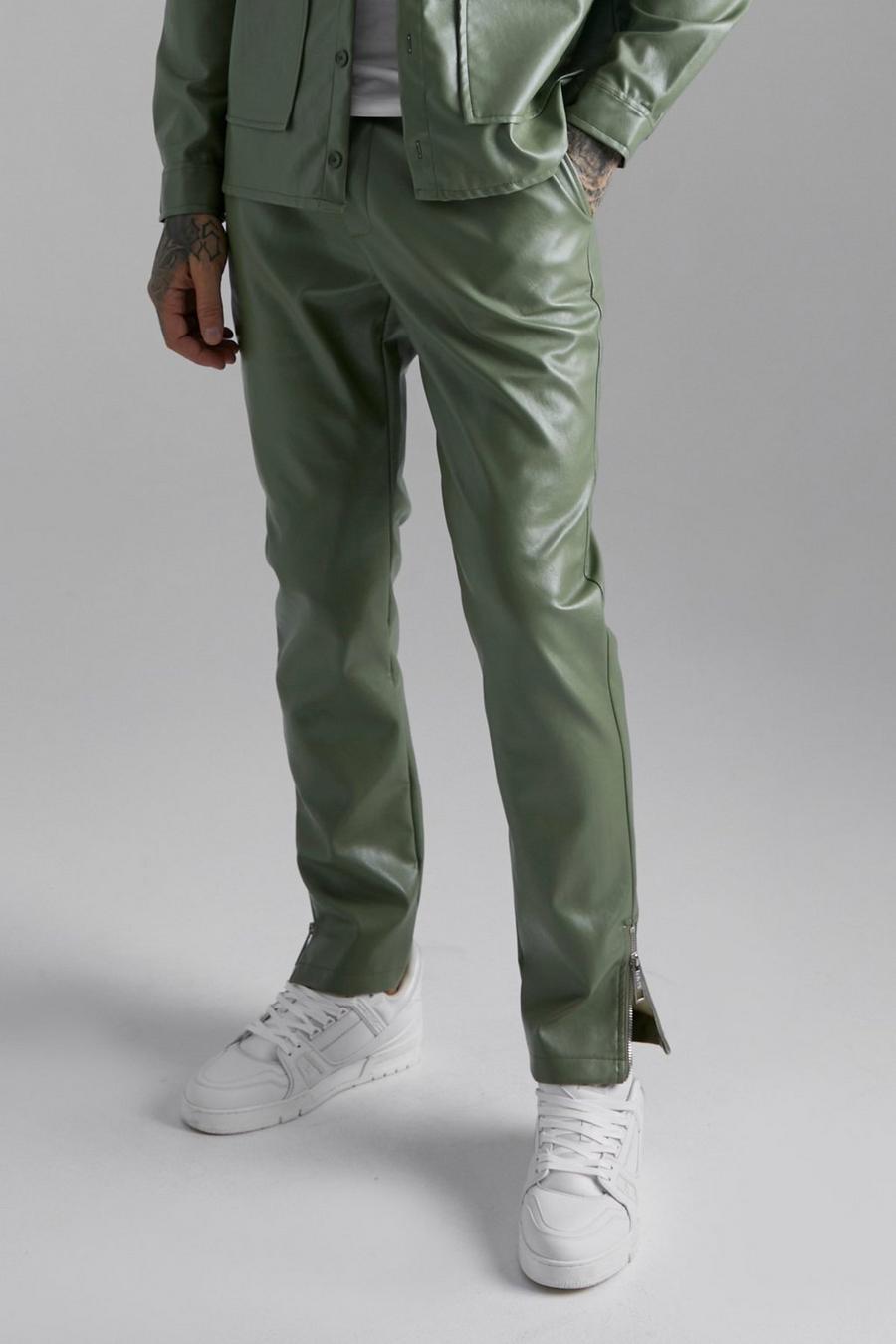 Khaki Slim Fit Pu Trousers image number 1
