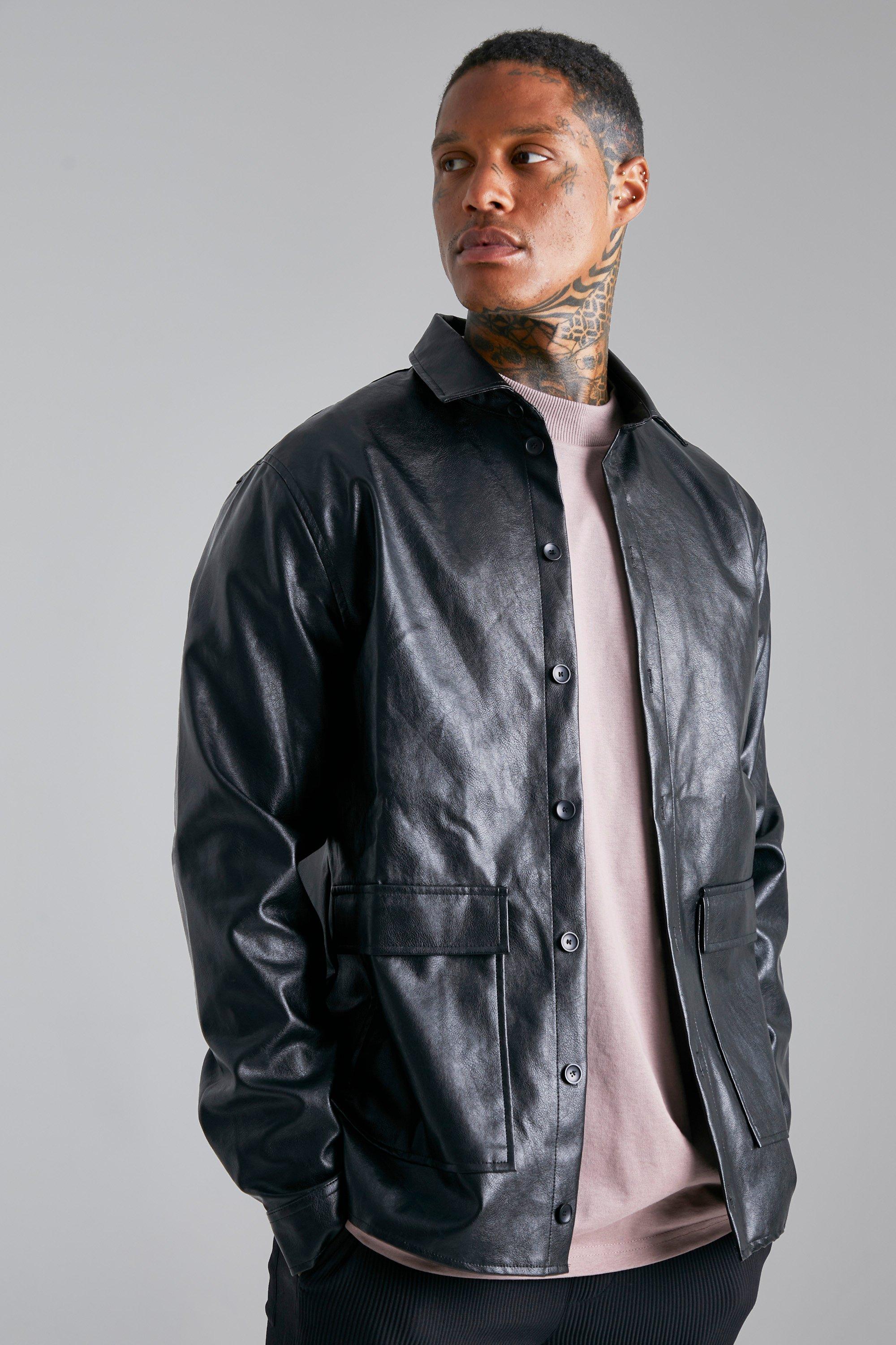 Black Pu Cargo Pocket Overshirt