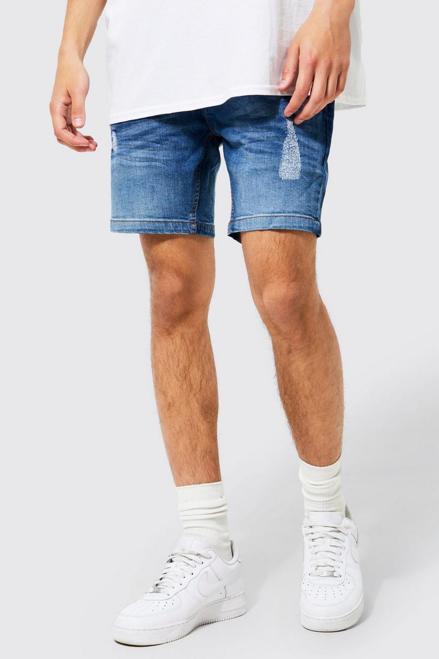 Pantaloncini Skinny Fit in denim effetto smagliato, Light blue