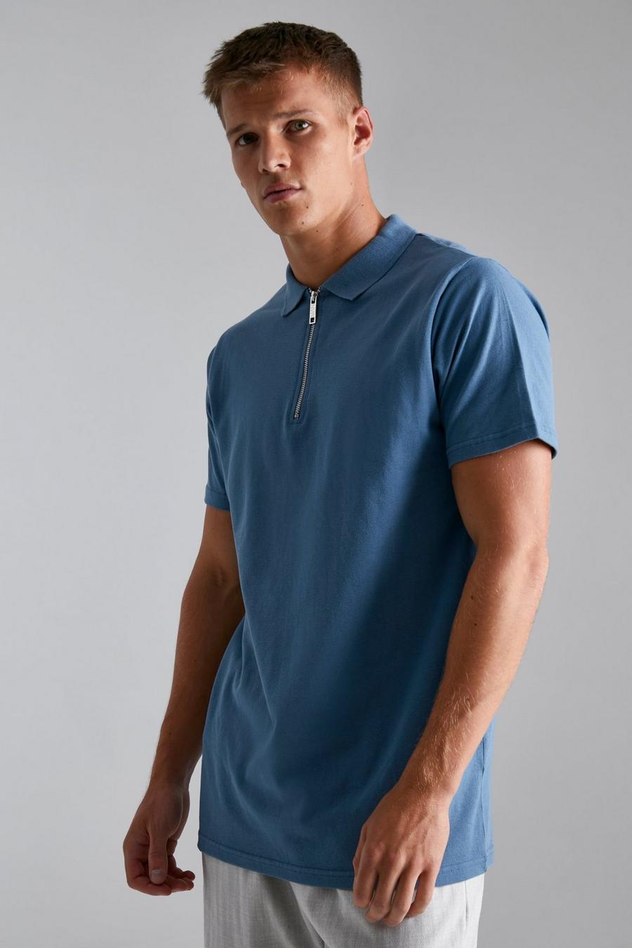 Blue  Tall Slim Fit Short Sleeve Zip Polo image number 1