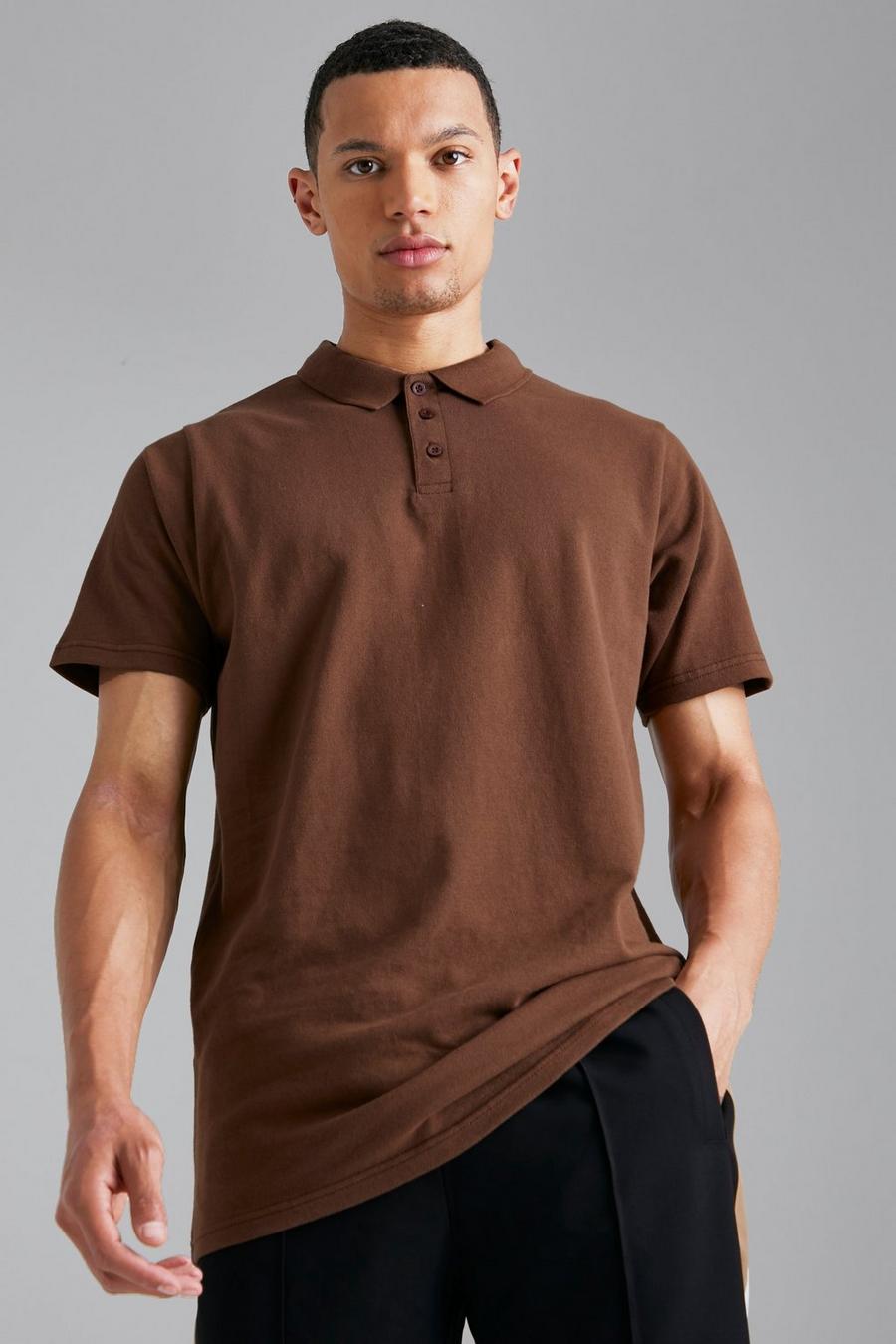 Tall kurzärmliges Slim-Fit Pique Poloshirt, Brown image number 1