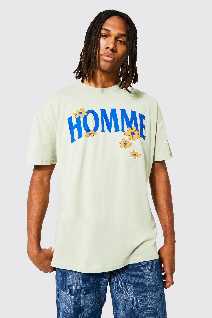 Camiseta oversize con estampado de flores Homme, Sage verde image number 1