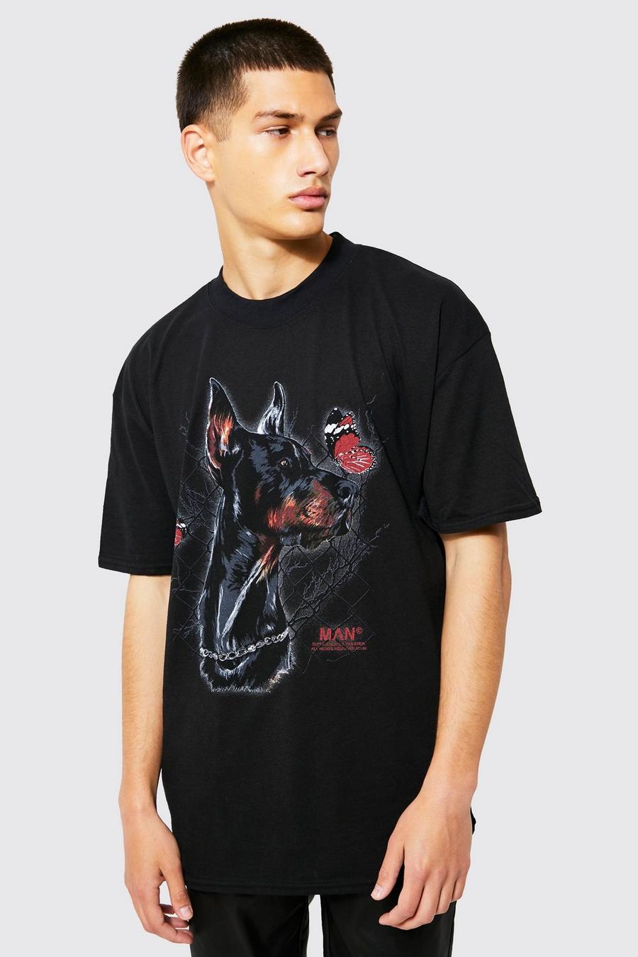 Black Oversized Extended Neck Dog Graphic T-shirt image number 1