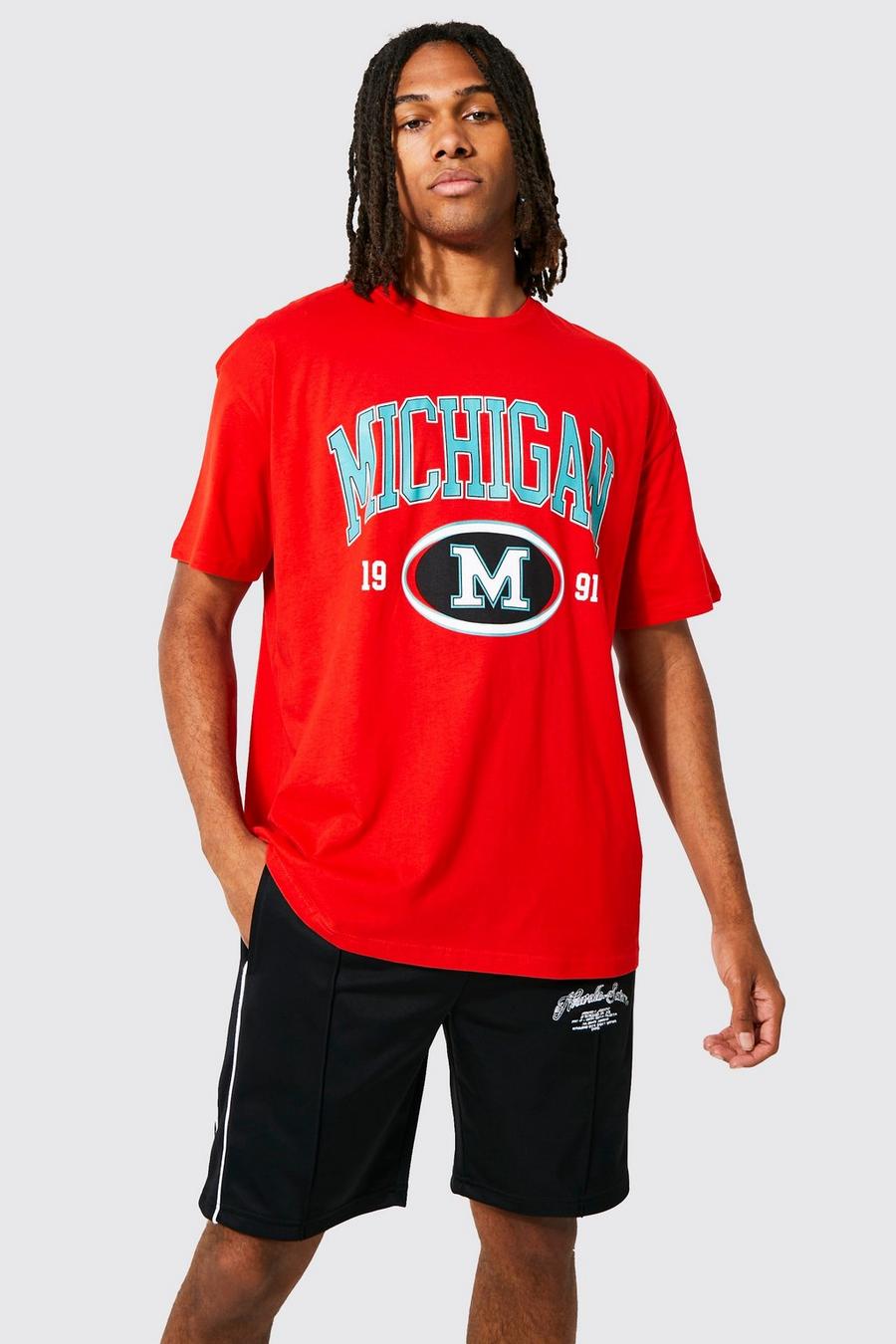 Red Oversized Varsity Michigan T-Shirt image number 1