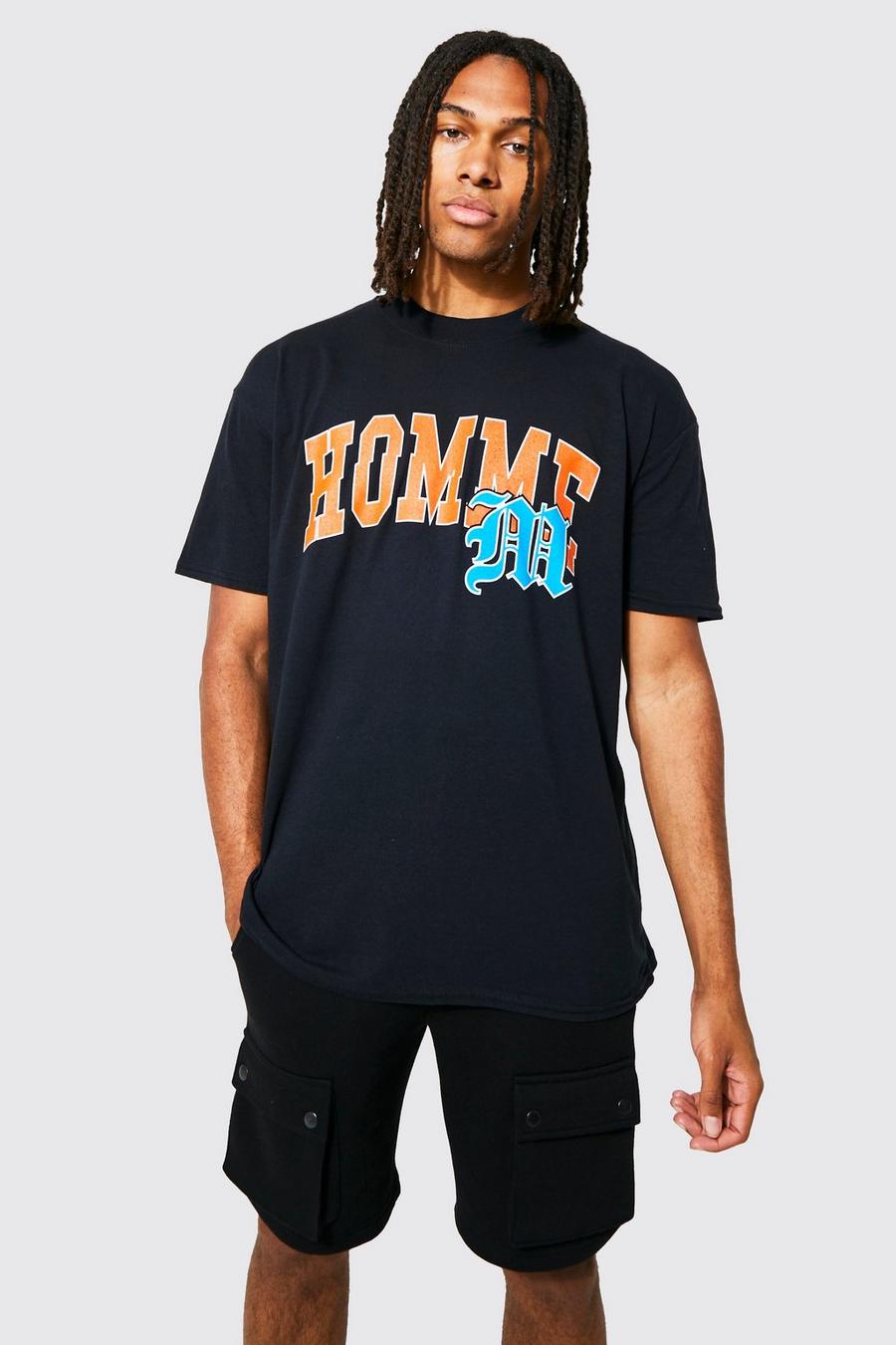 Black Oversized Extended Neck Homme Varsity T-shirt