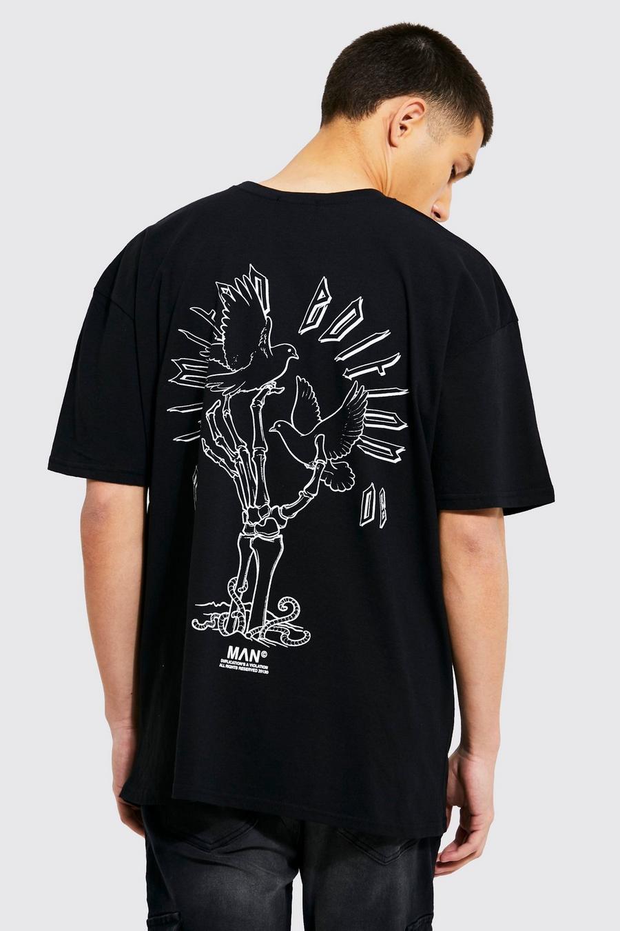 Black noir Oversized Skelet En Duiven T-Shirt Met Print