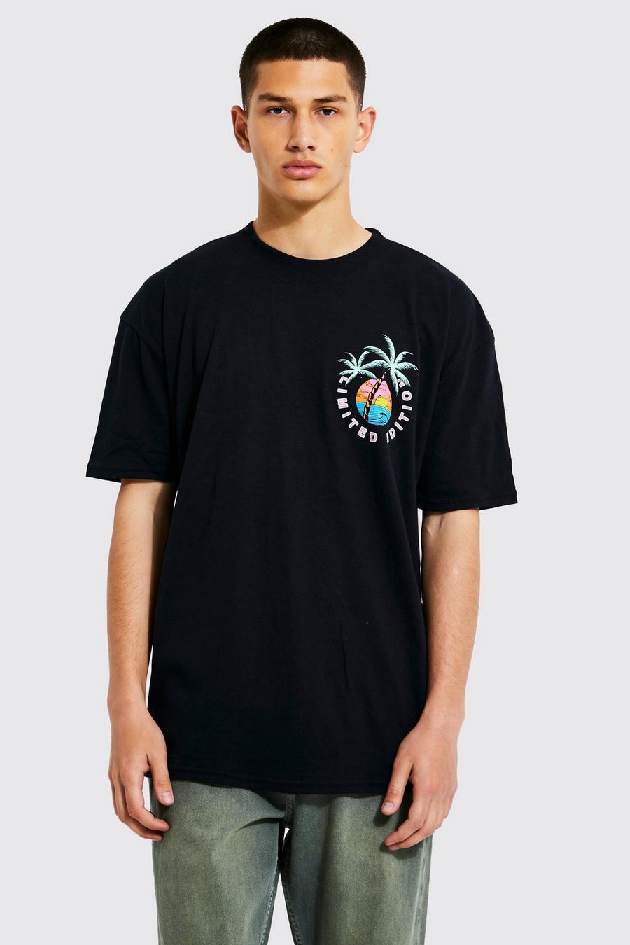 Black Oversized Extended Neck Palm Emblem T-shirt image number 1