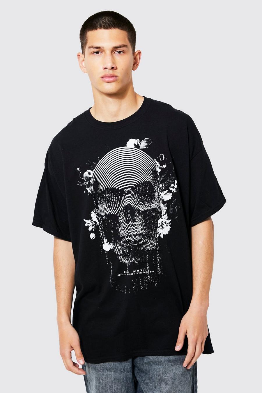 Black Oversized Detiled Skull Graphic T-shirt image number 1