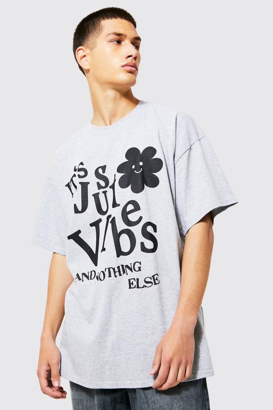 Grey Oversized Floral Vibes Text T-shirt image number 1