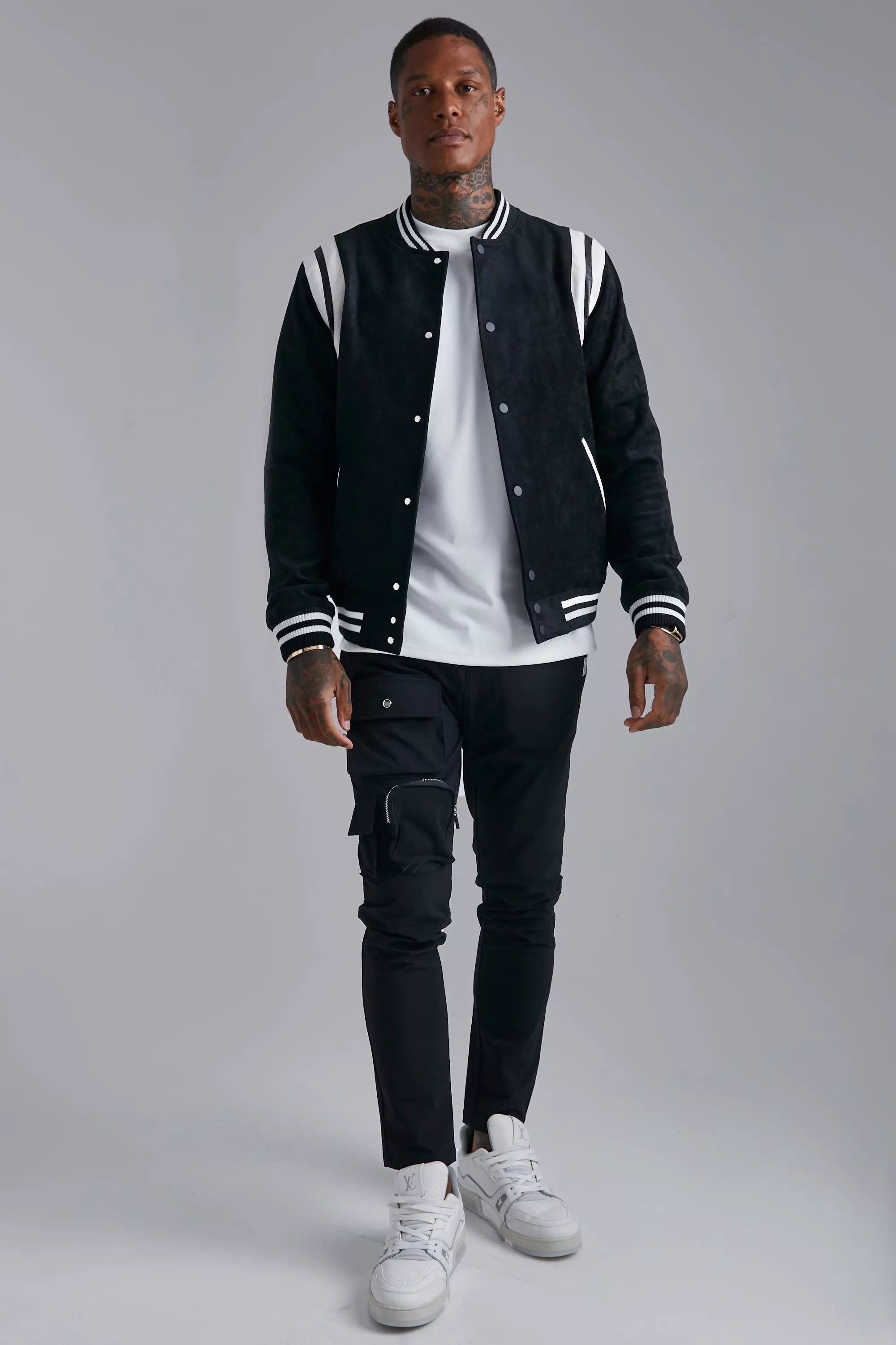 Faux leather 2025 varsity bomber jacket