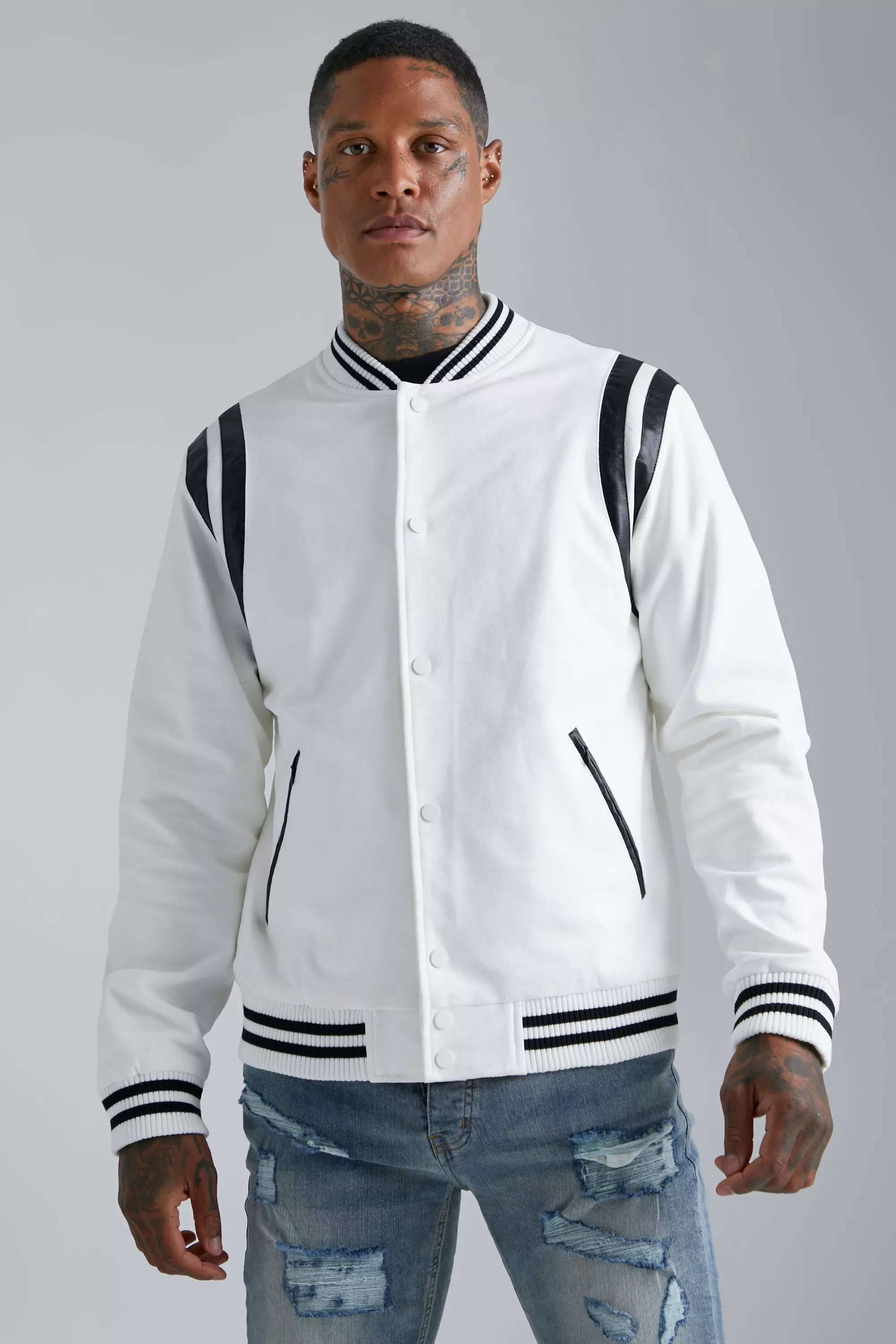 Faux leather varsity outlet bomber jacket