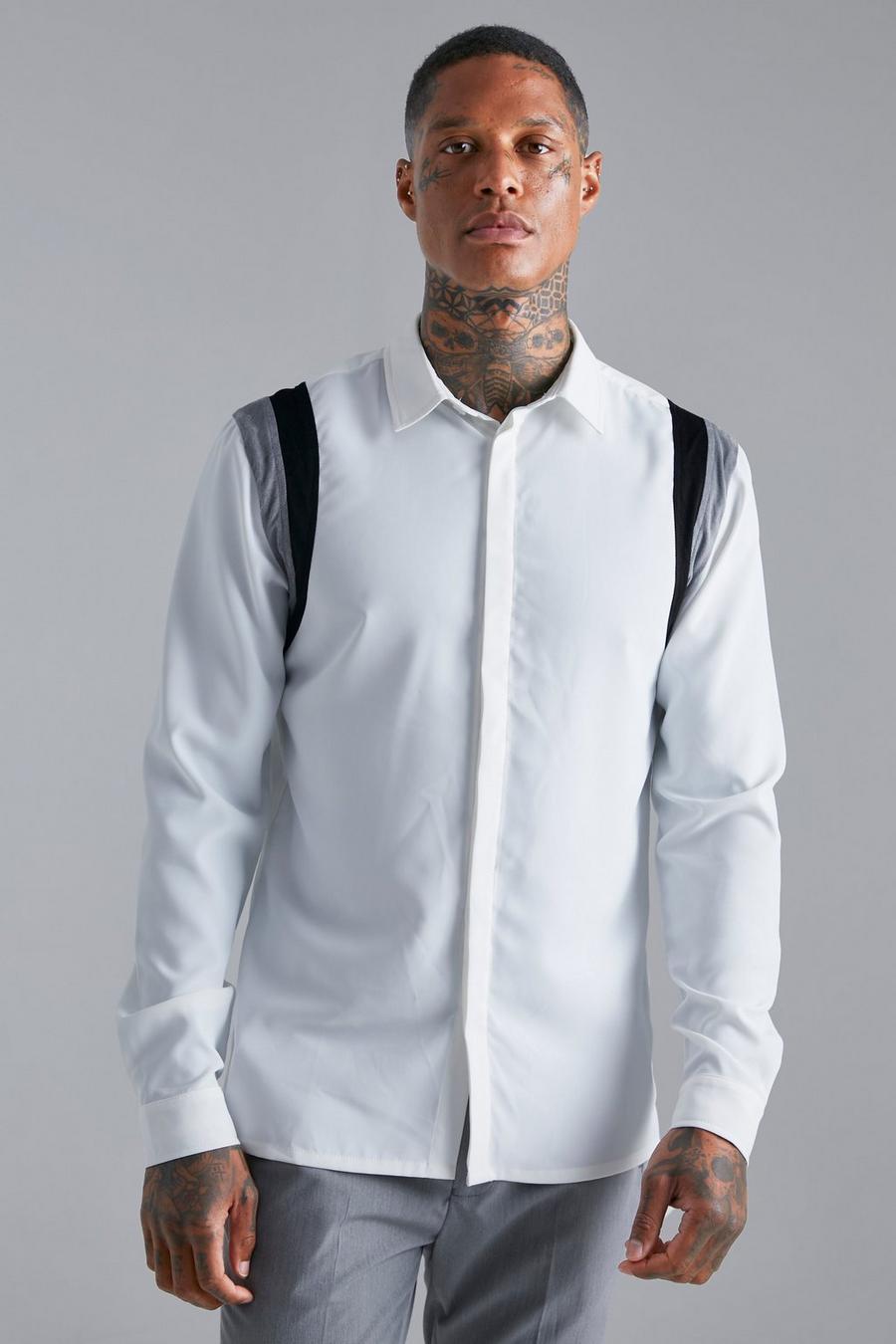 White Varsity Faux Suede Panelled Slim Fit Shirt image number 1