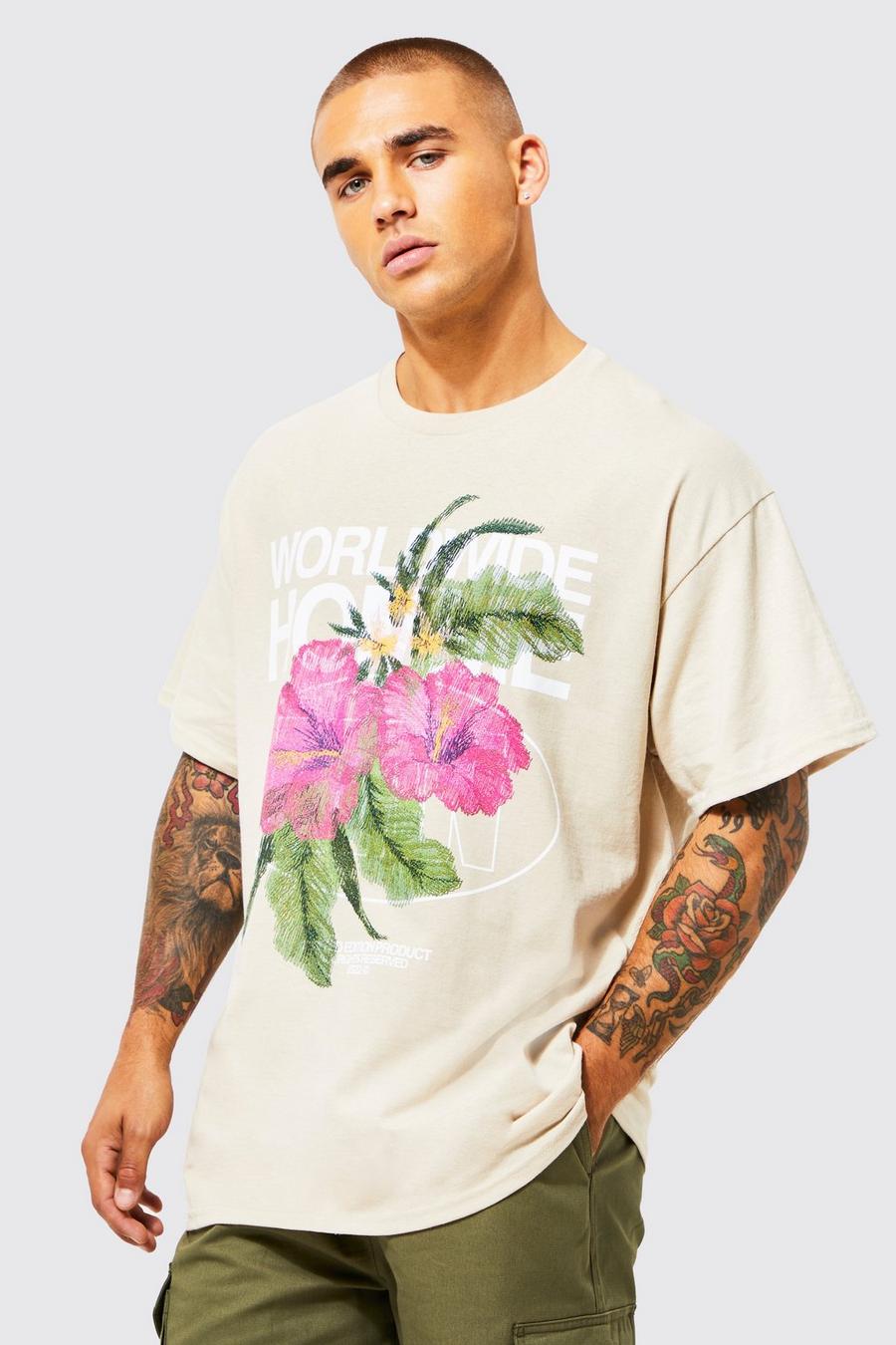 Sand Oversized Worldwide Floral T-shirt image number 1