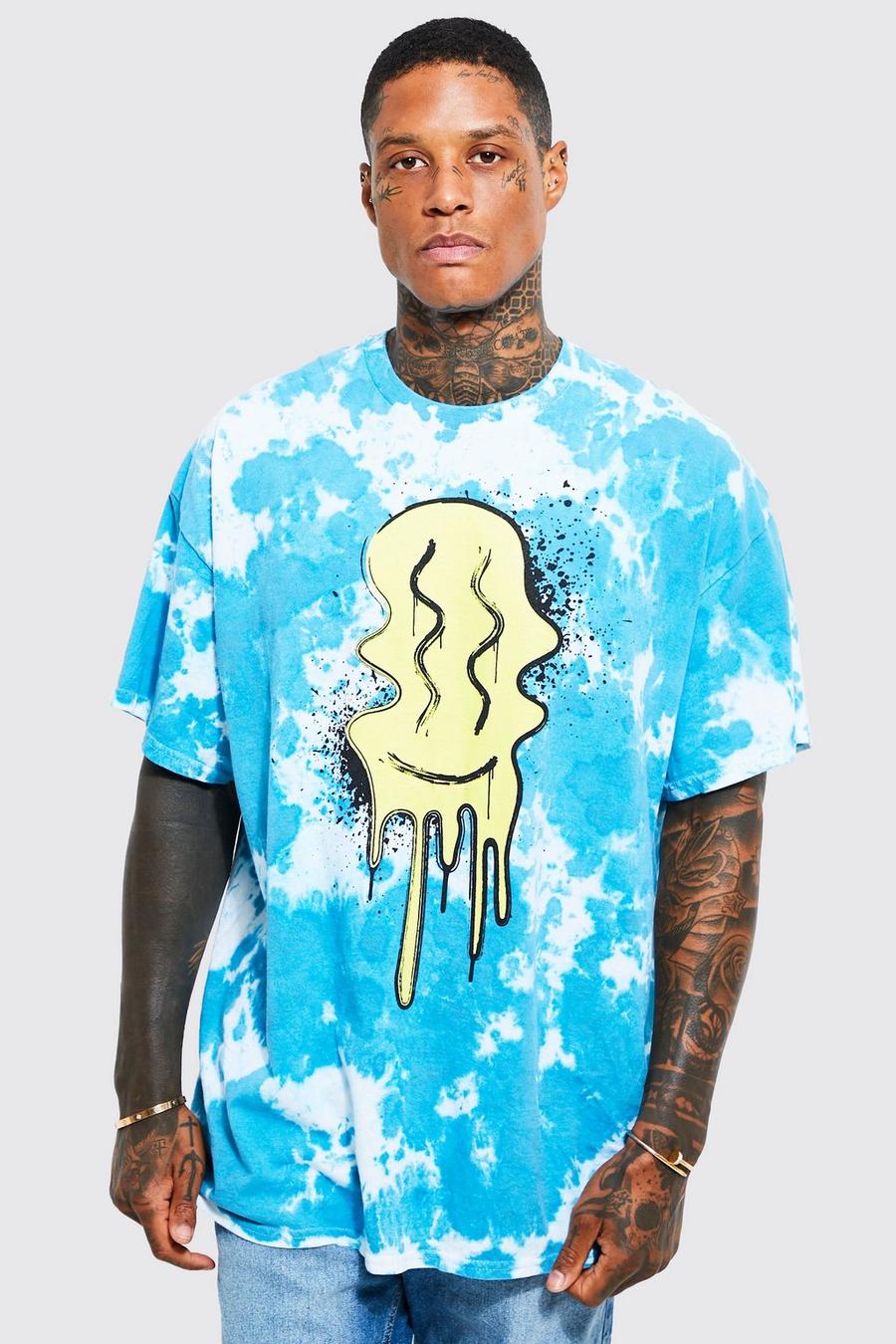 Blue Oversized Tie-dye Trippy Face T-shirt image number 1