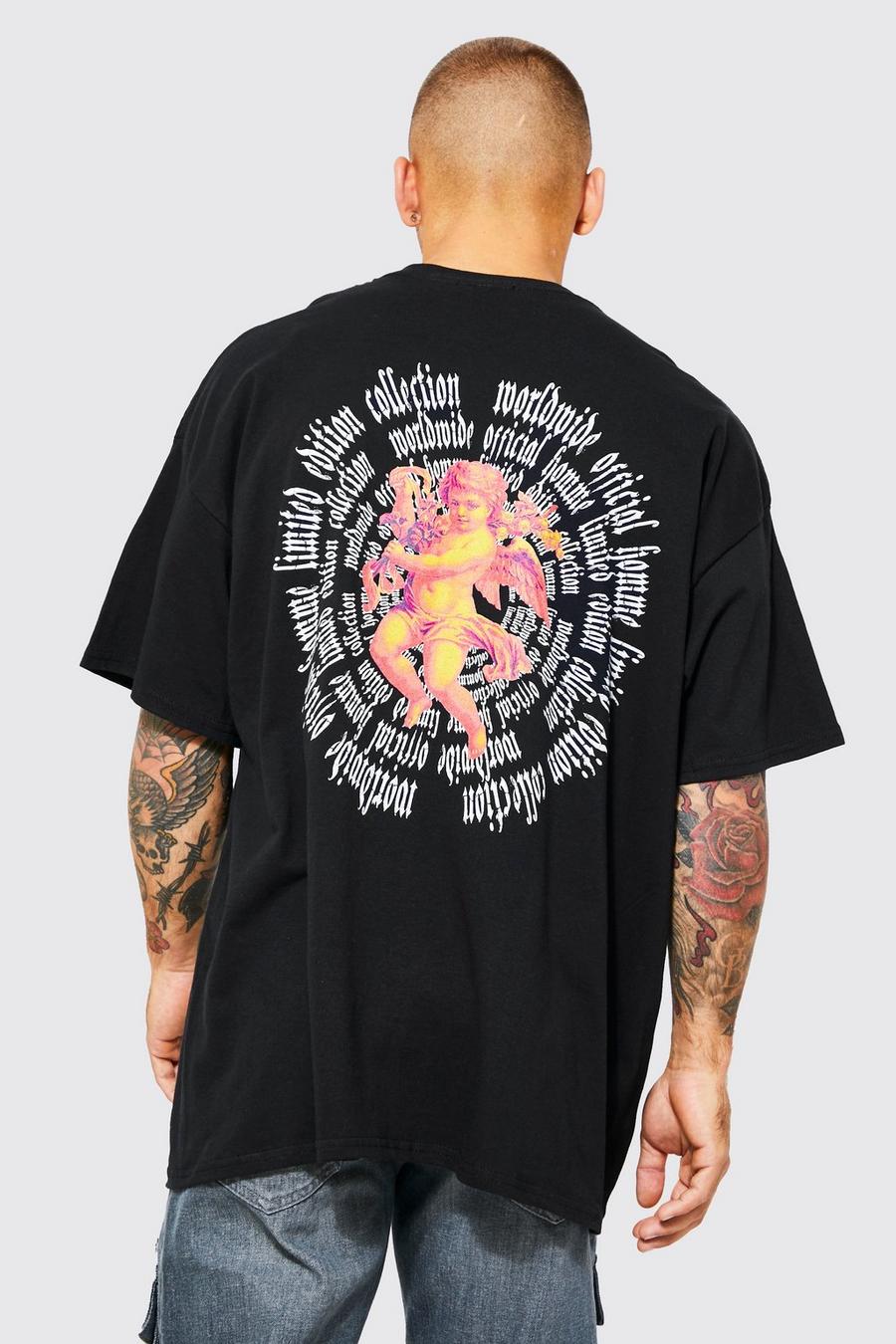 Black Oversized Text And Cherub Graphic T-shirt