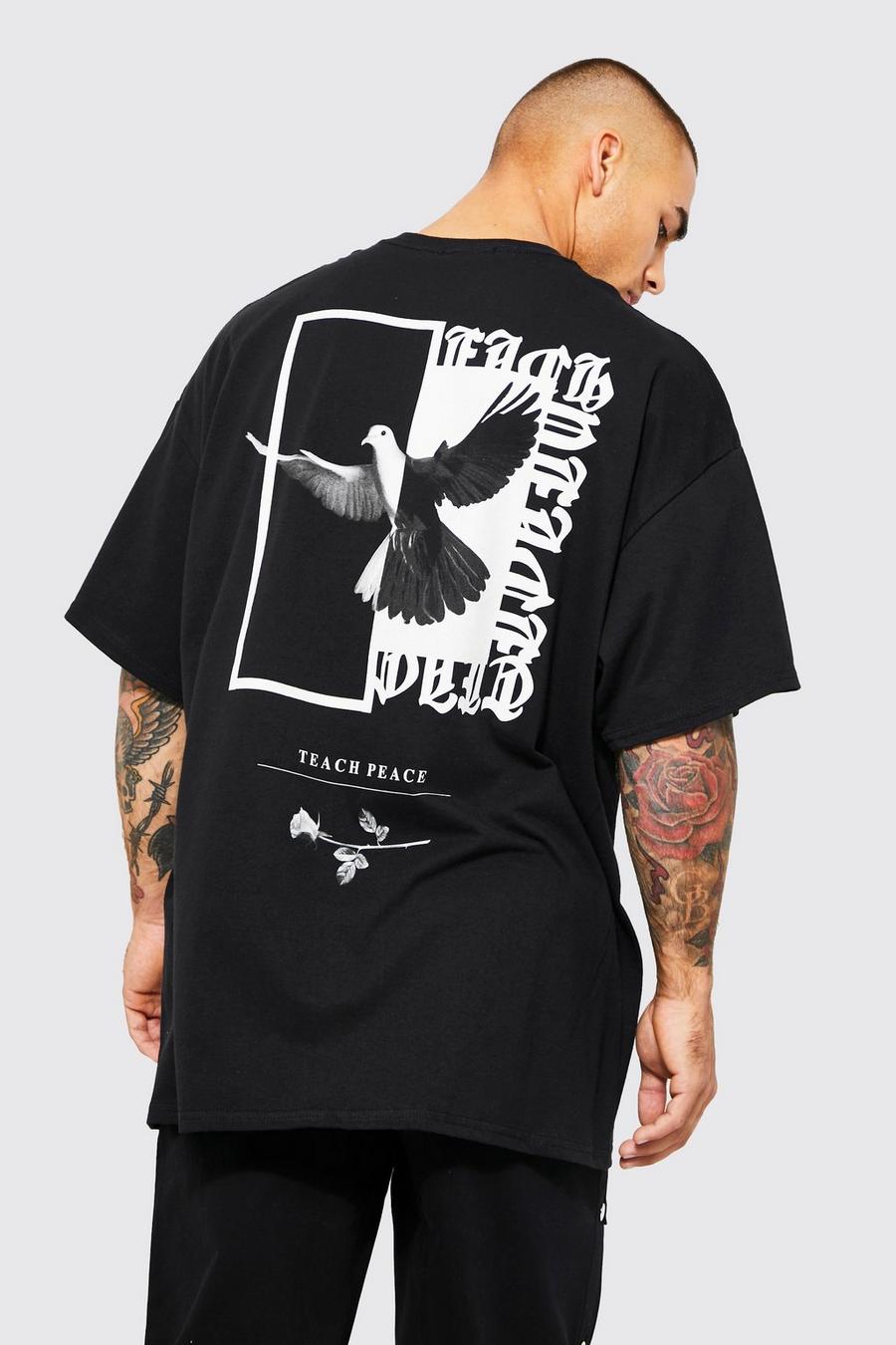 Camiseta oversize con estampado gráfico de paloma, Black image number 1