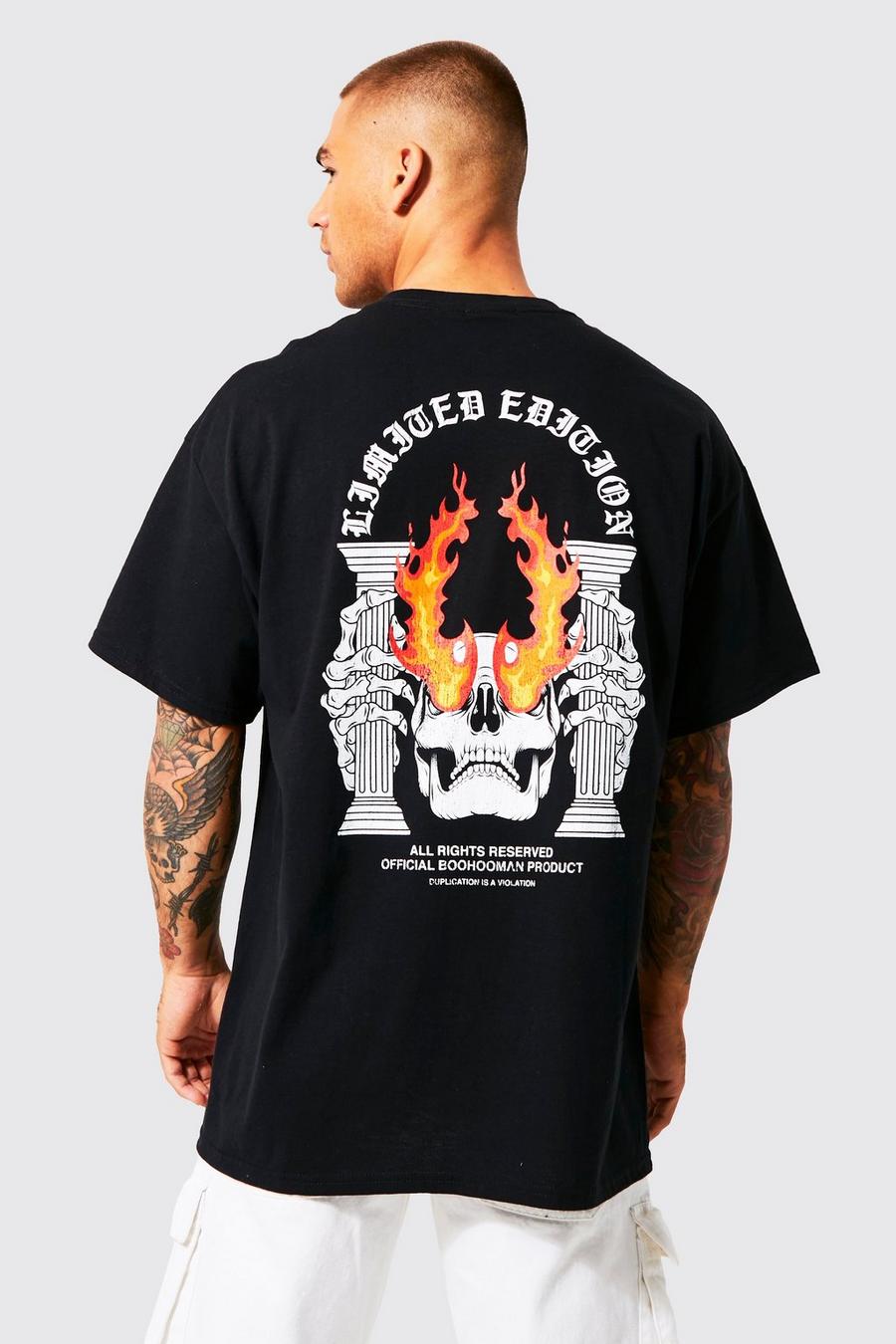 Black Oversized Flaming Skull Graphic T-shirt image number 1