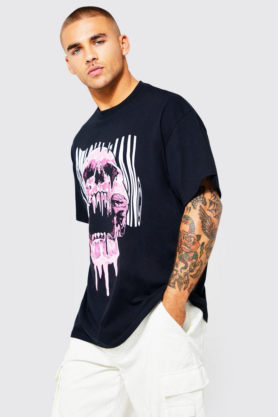 Black Oversized Trippy Skull T-shirt image number 1