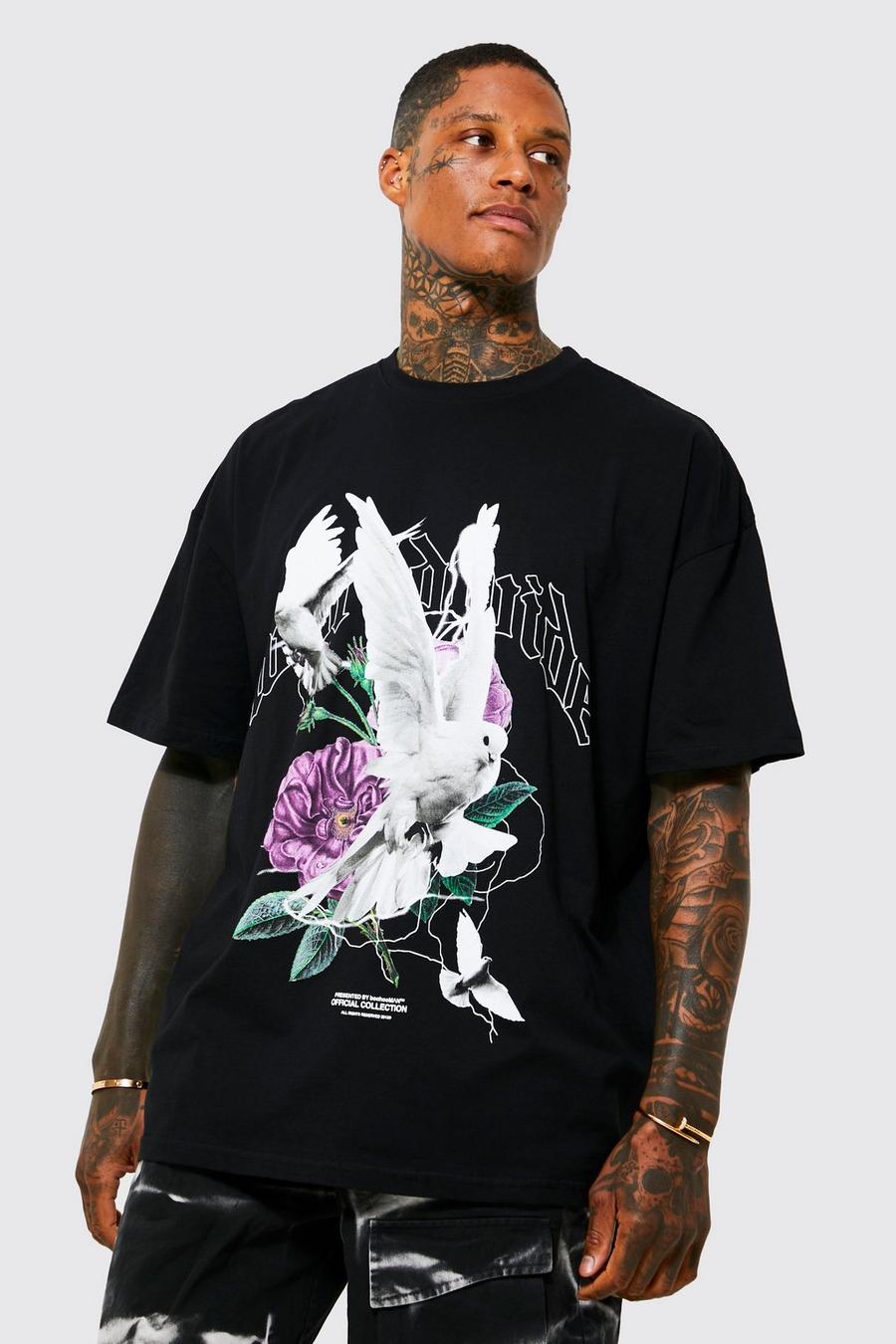 T-shirt oversize à imprimé floral et colombe, Black noir image number 1