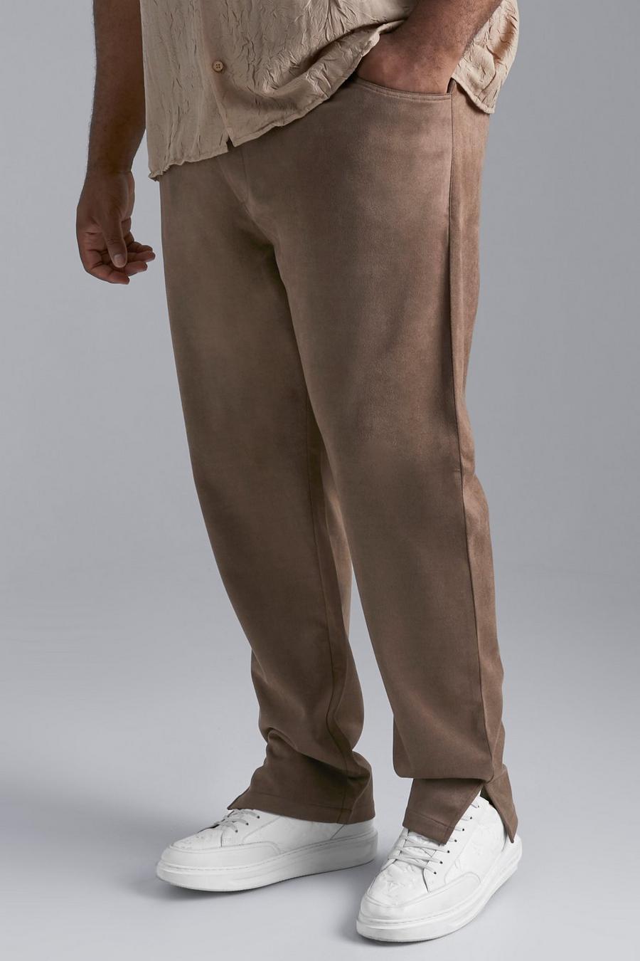 Tan marrón Plus Slim Fit Faux Suede Trousers With Split Hem