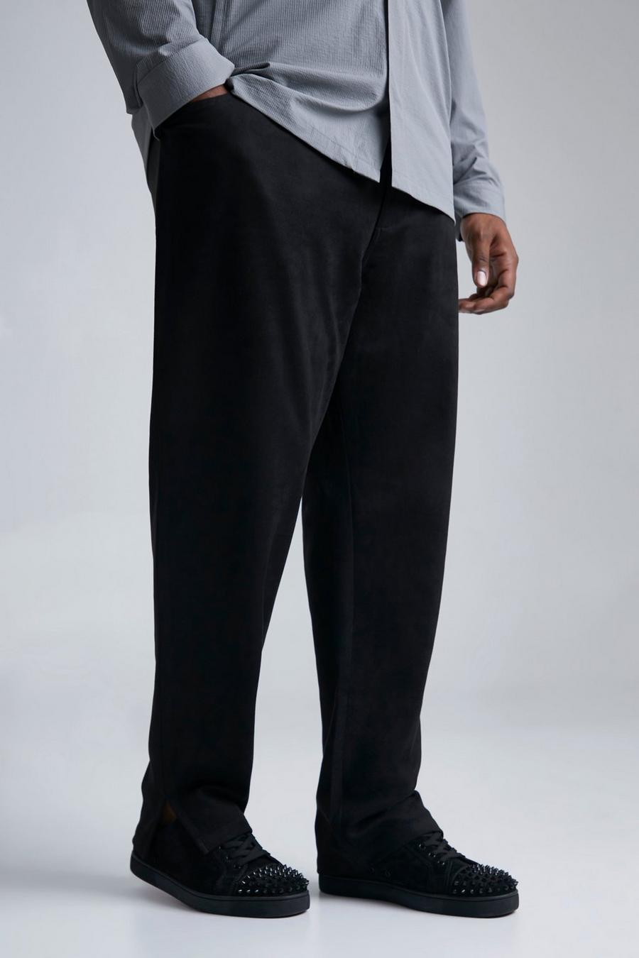 Black svart Plus - Slim fit byxor i mockaimitation med slitsar
