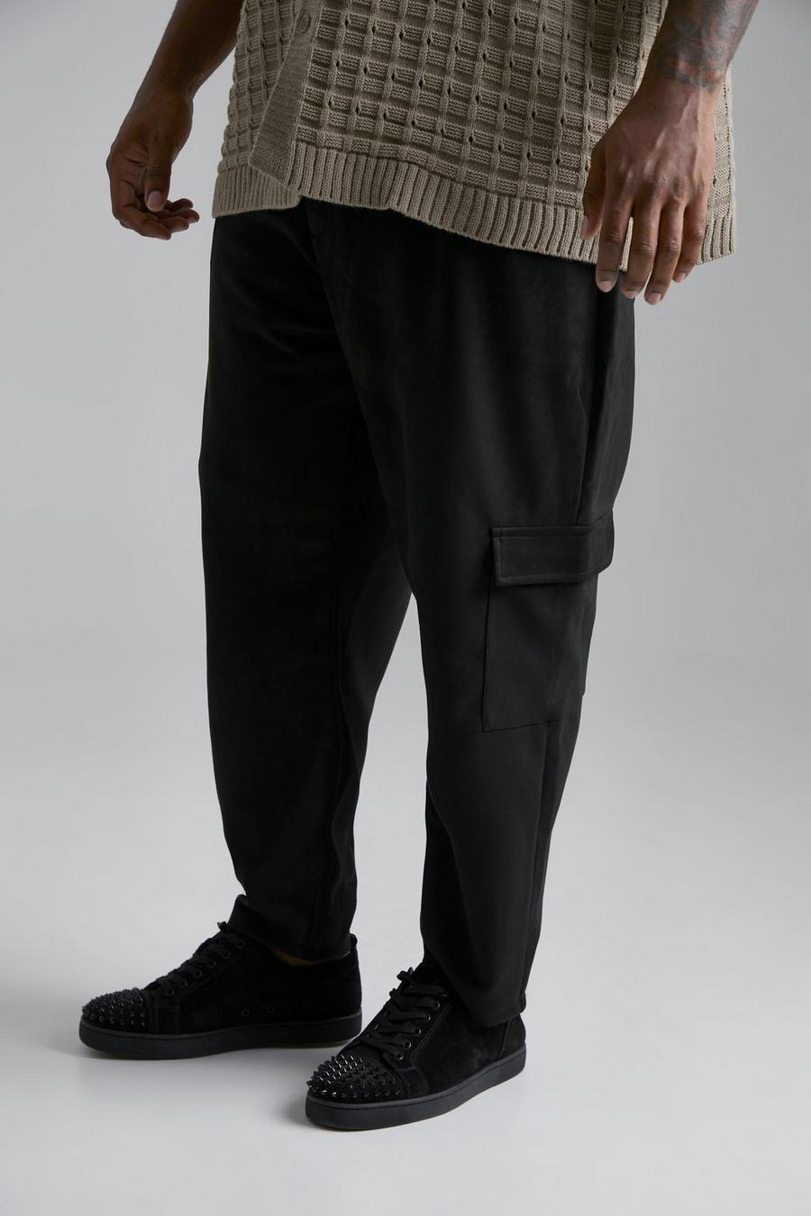 Black Plus Tapered Leg Suede Cargo Trousers