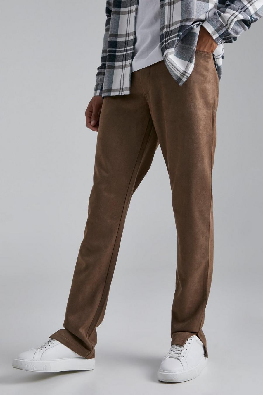Tan Tall Slim Fit Suede Trousers With Split Hem image number 1