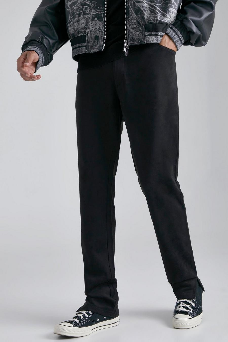 Pantaloni Tall Slim Fit in scamosciato con spacco sul fondo, Black negro