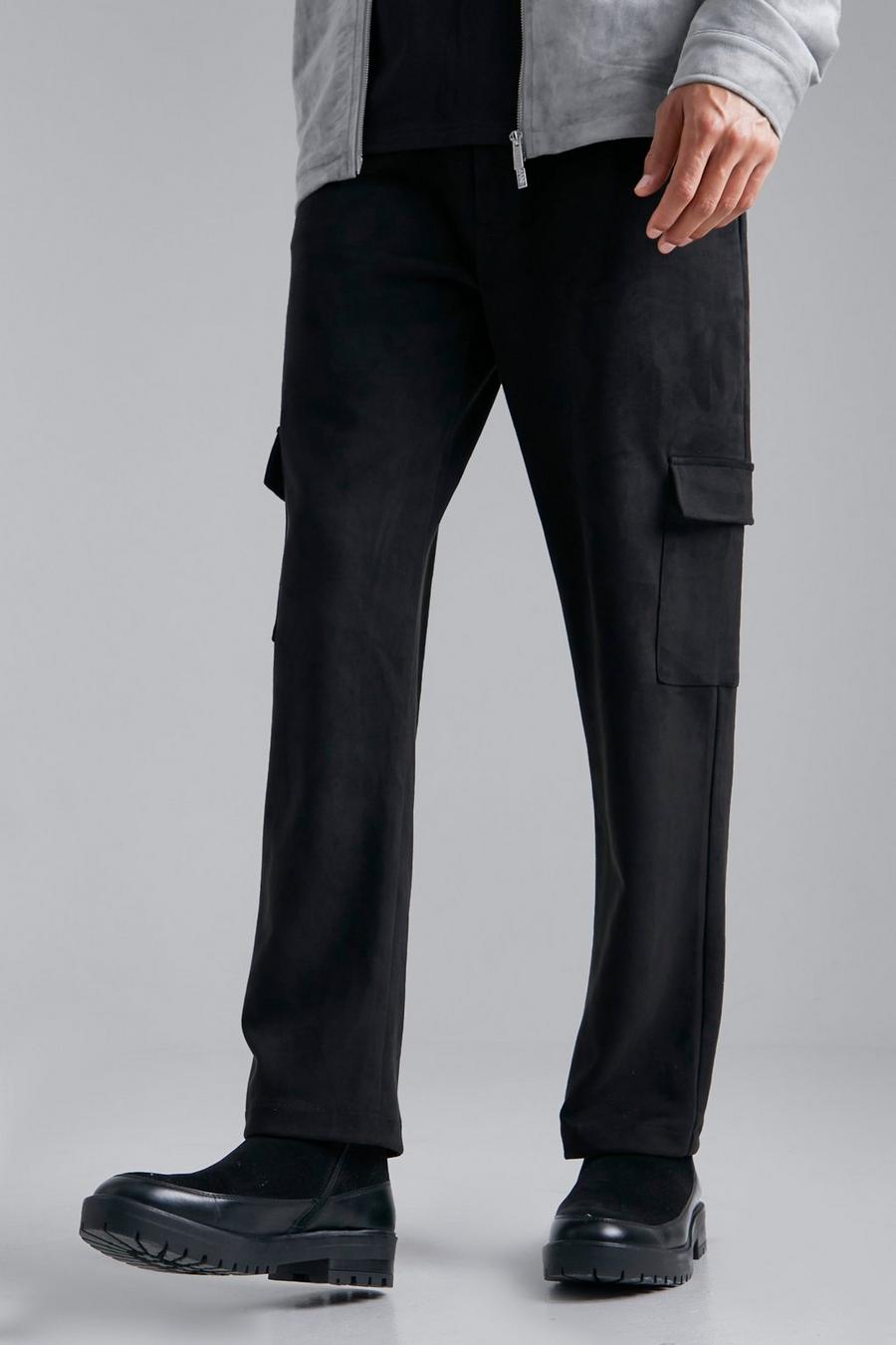 Black Tall Straight Leg Suede Cargo Trousers