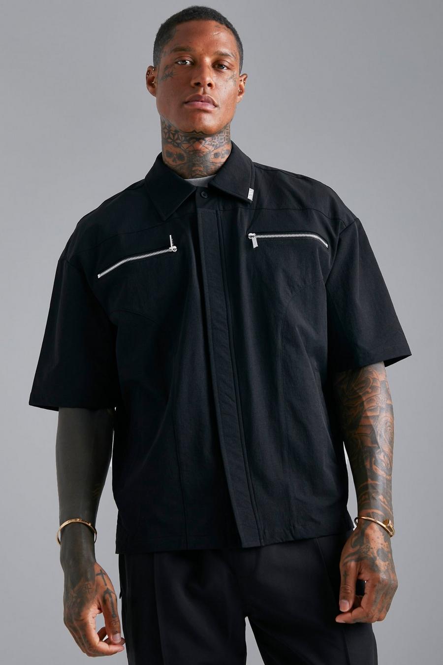 Black Relaxed Zip Detail Short Sleeve Shirt image number 1