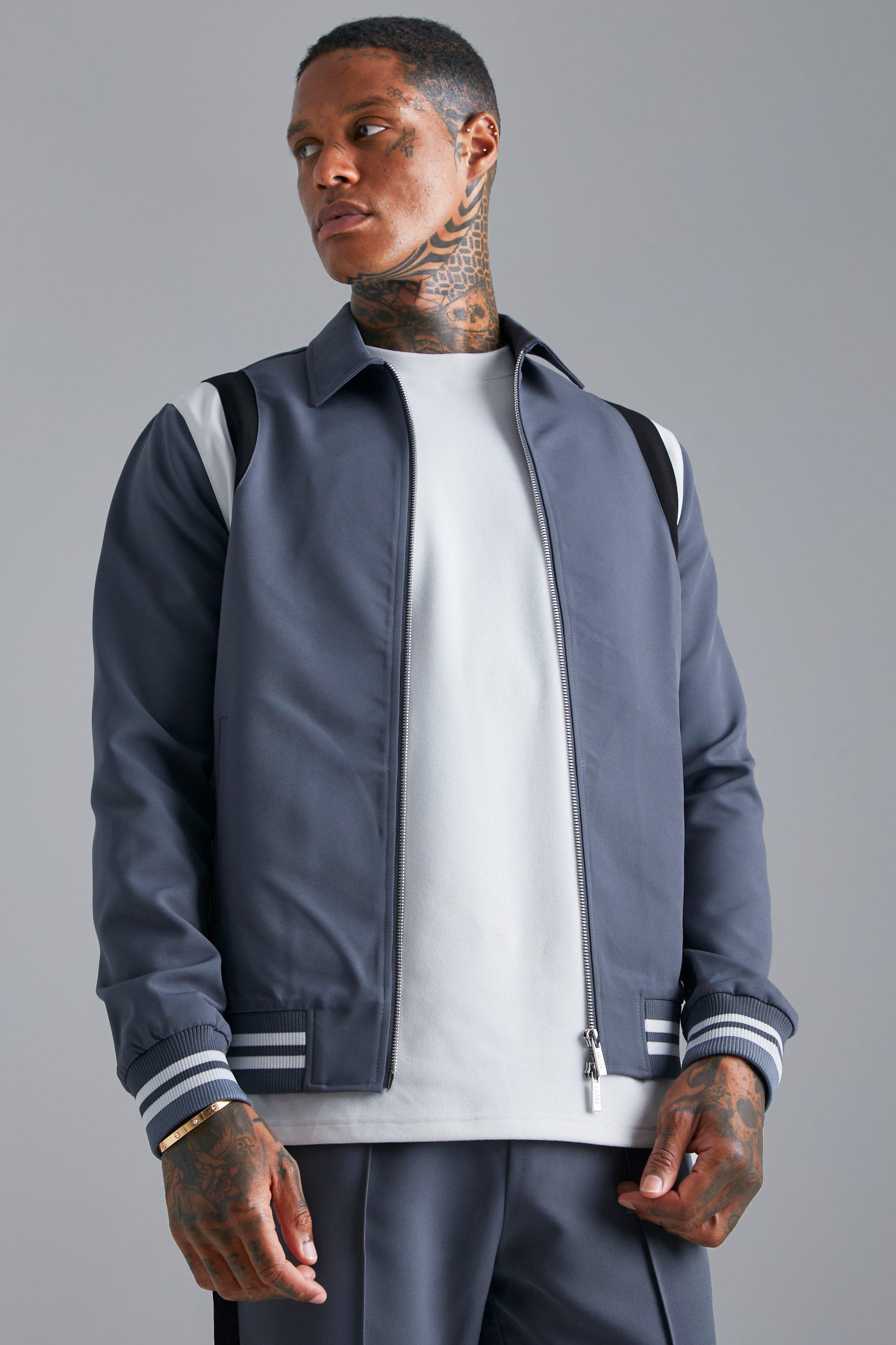 Grey Tailored Collared Varsity Bomber Jacket