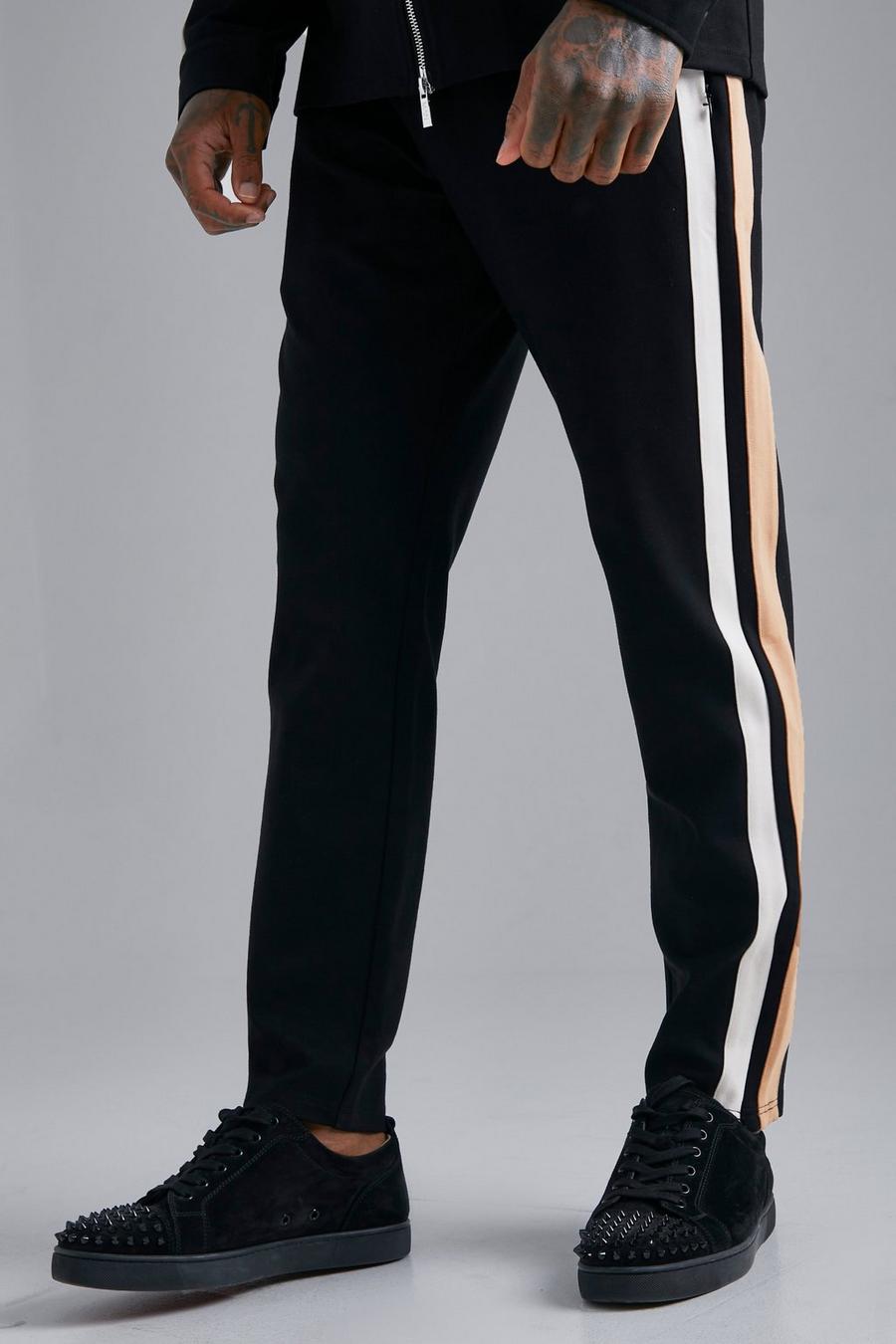 Pantalón ajustado con cremallera y rayas, Black negro image number 1