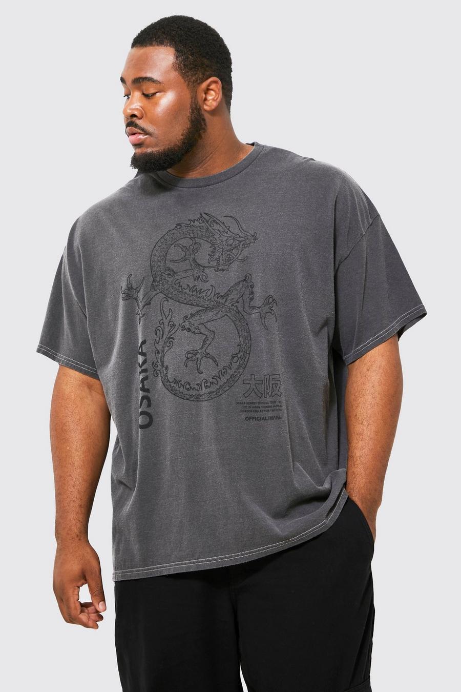 Grande taille - T-shirt surteint à imprimé dragon, Charcoal image number 1