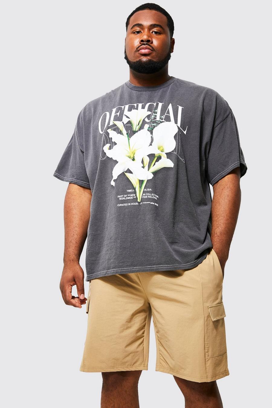 Charcoal grey Plus Overdye Floral Print T-shirt