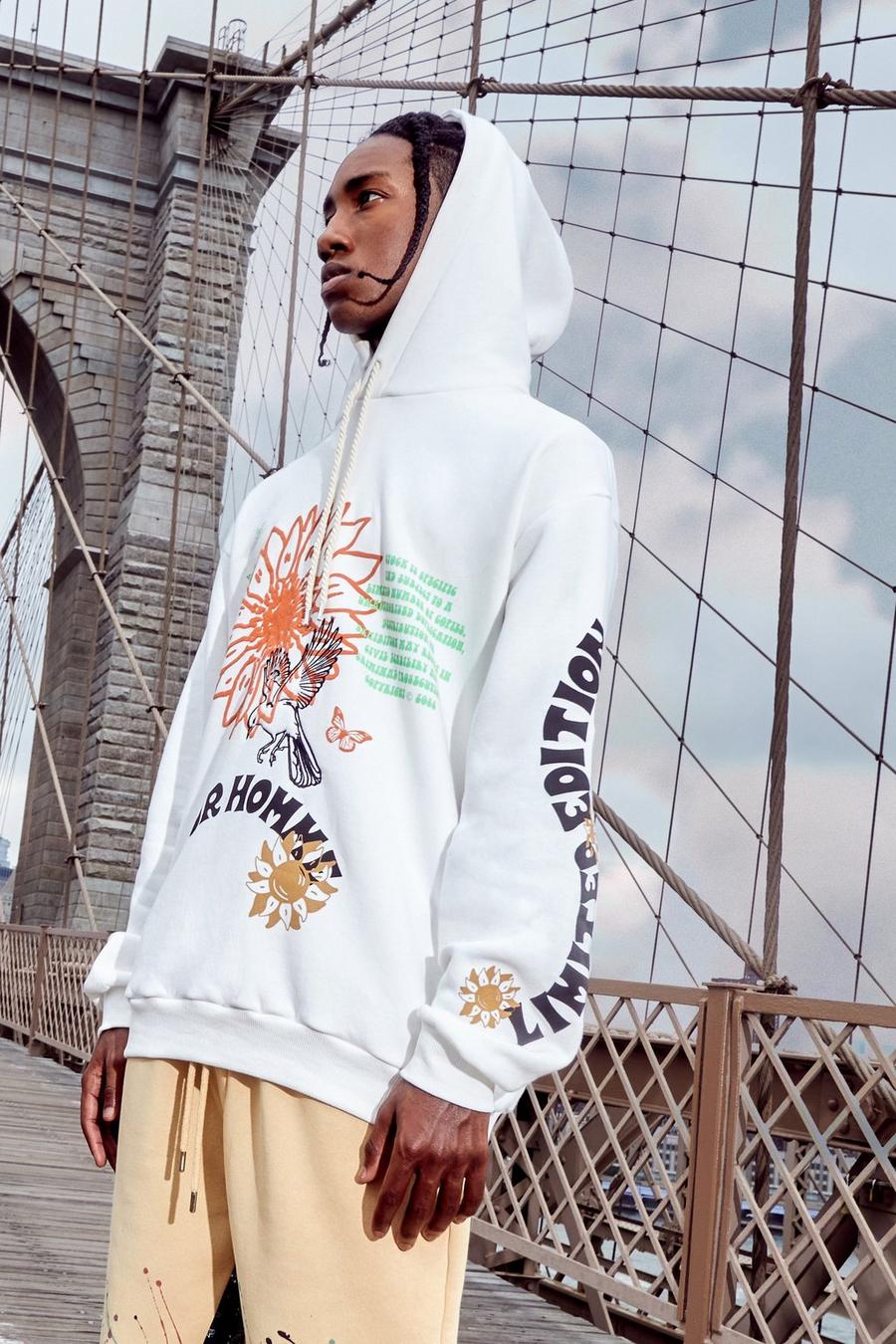 Ecru blanco Oversized Print And Embroidered Hoodie 