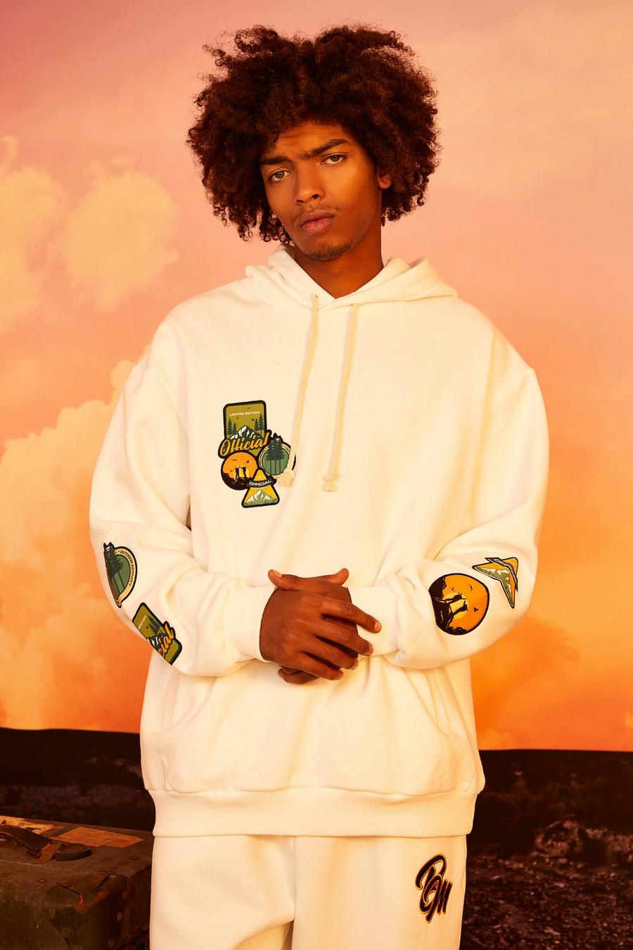 Ecru Oversized Print And Embroidered Hoodie  image number 1