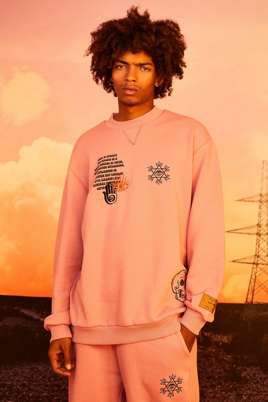 Pink Oversized Extended Neck Graphic Sweatshirt 