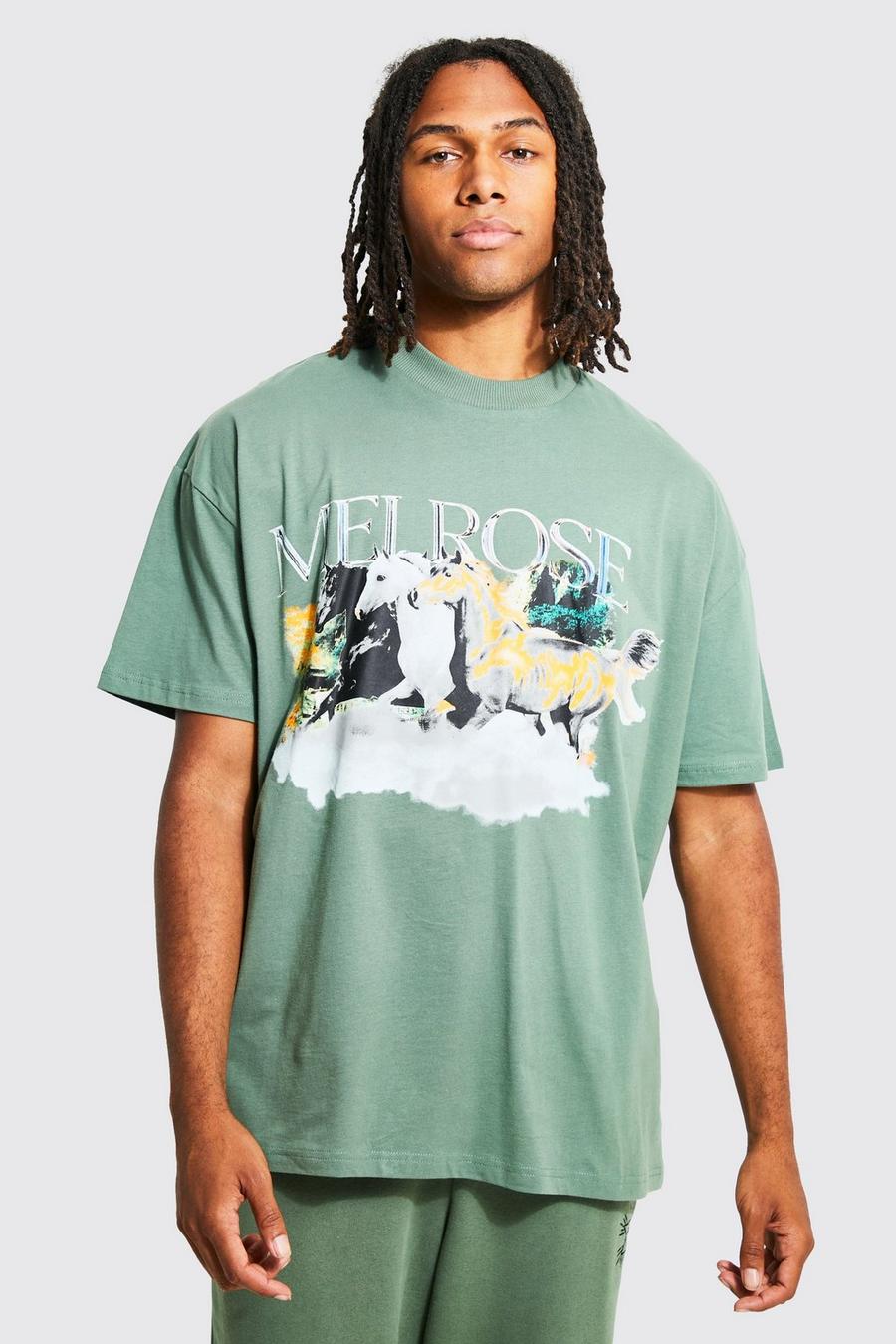 Khaki Oversized Extended Neck Graphic T-shirt 