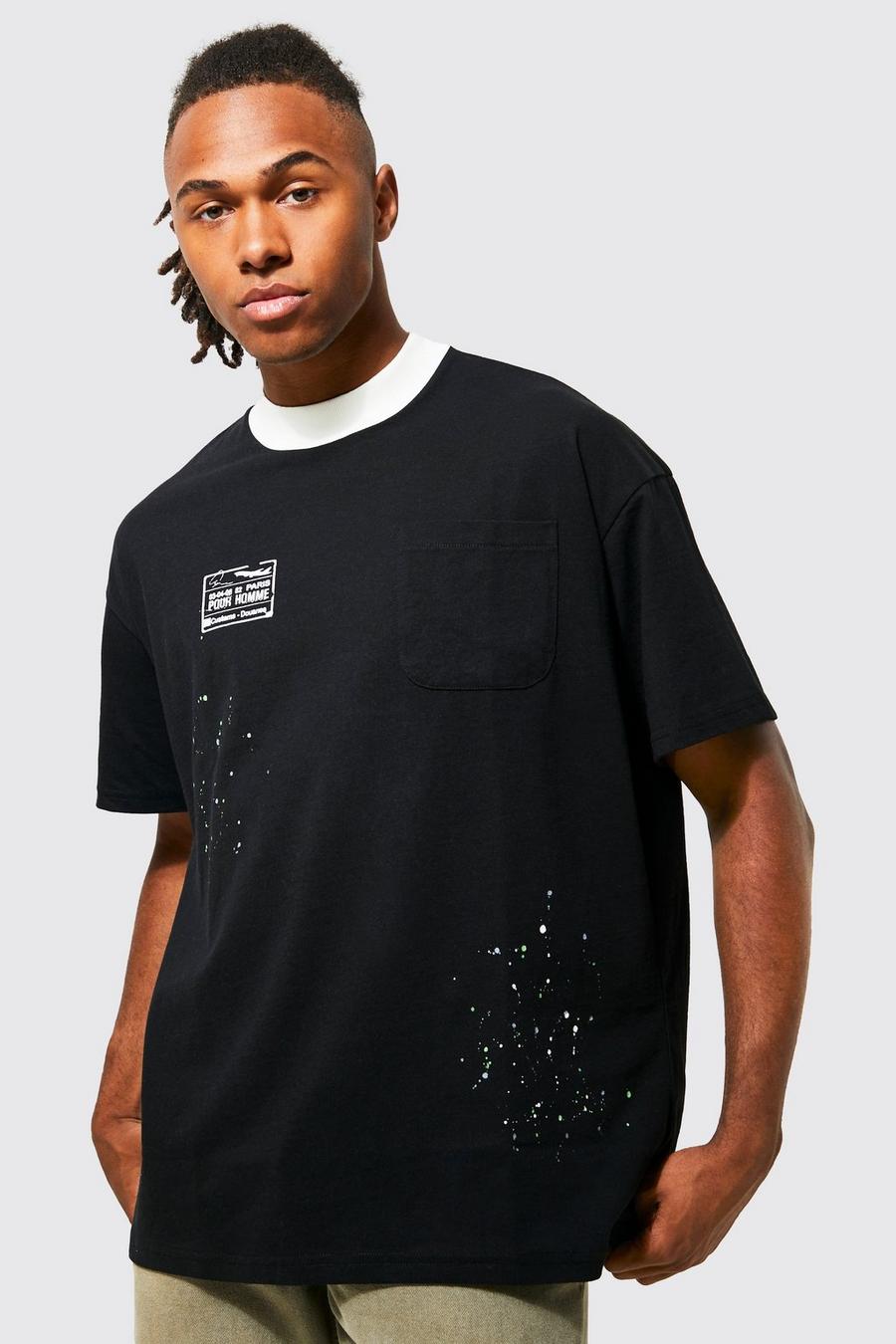 Black Oversized Paint Splatter Pocket  T-shirt 