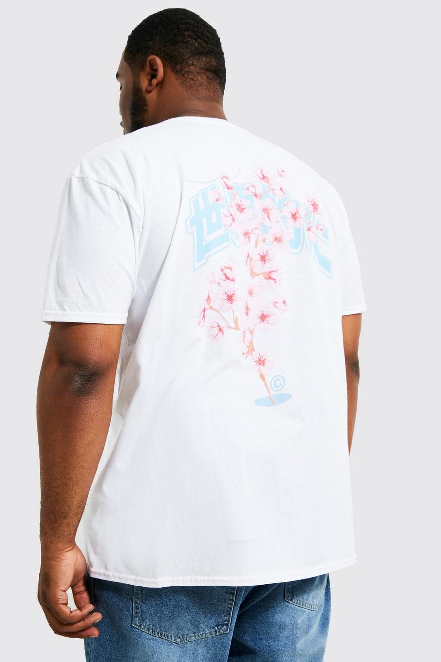 T-shirt Plus Size con stampa di fiori di ciliegio sul retro, White