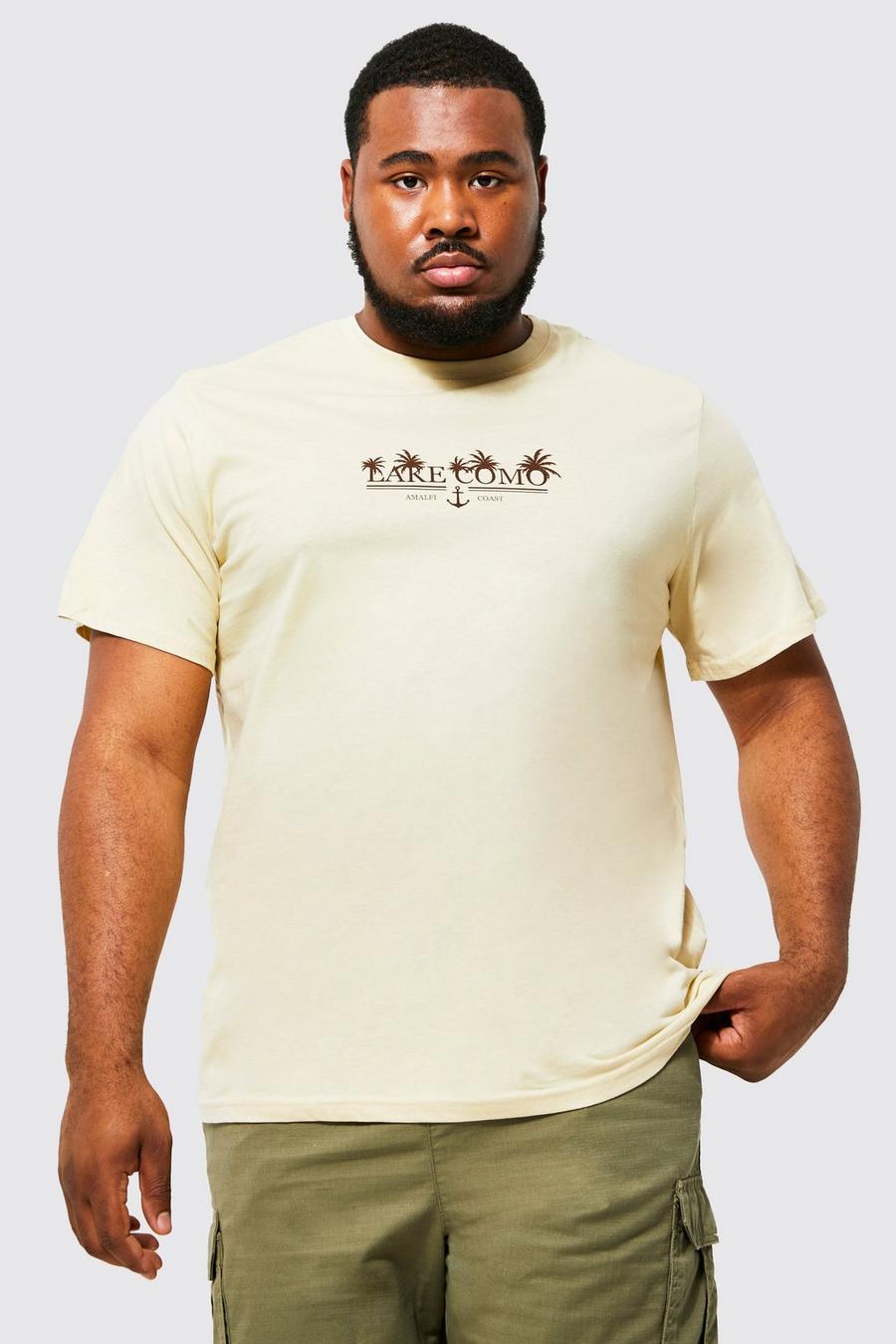 T-shirt Plus Size con scritta Lake Como e palme, Sand beige