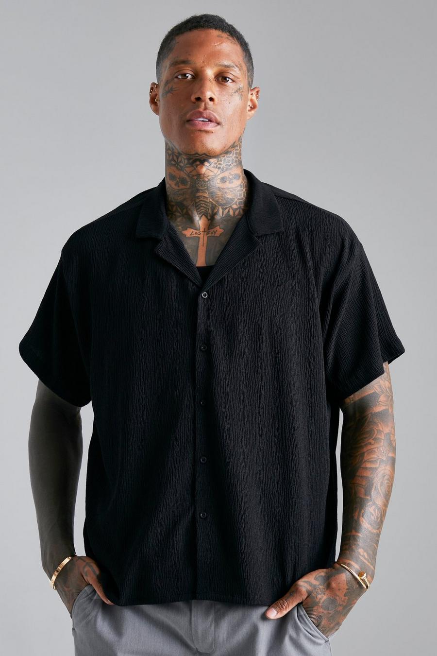 Black svart Kortärmad skjorta med bowlingkrage och struktur