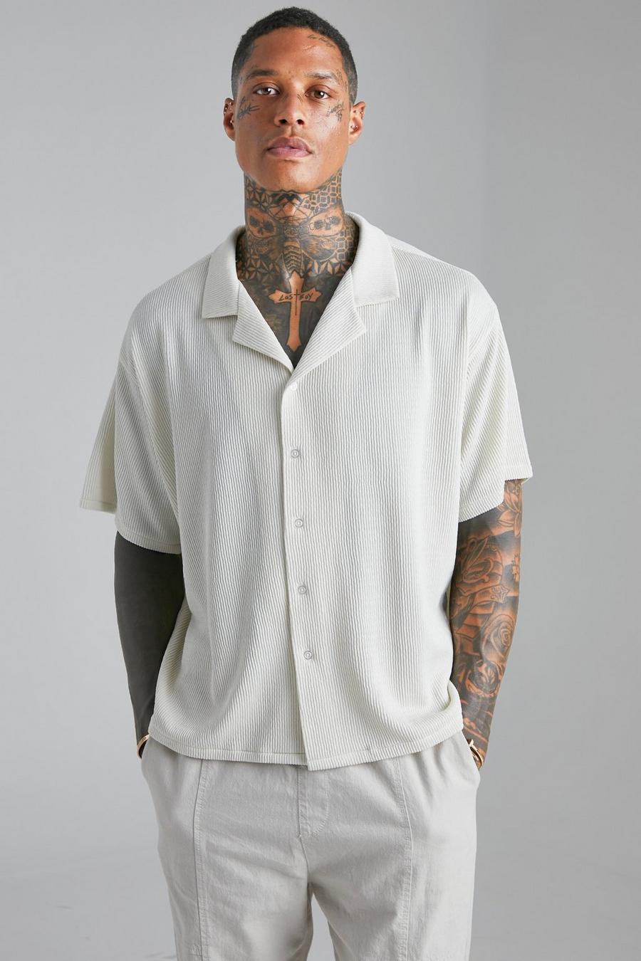 Stone beige Short Sleeve Revere Boxy Textured Shirt