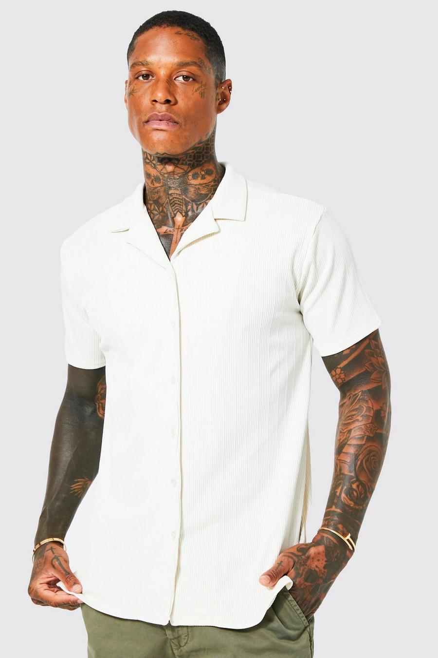 Stone beige Short Sleeve Textured Split Hem Shirt