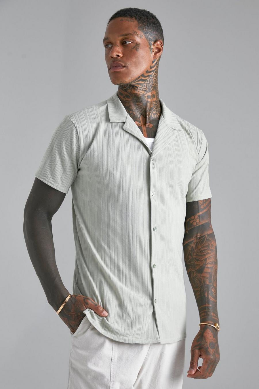 Sage Geribbeld Overhemd Met Textuur, Revers Kraag En Split image number 1
