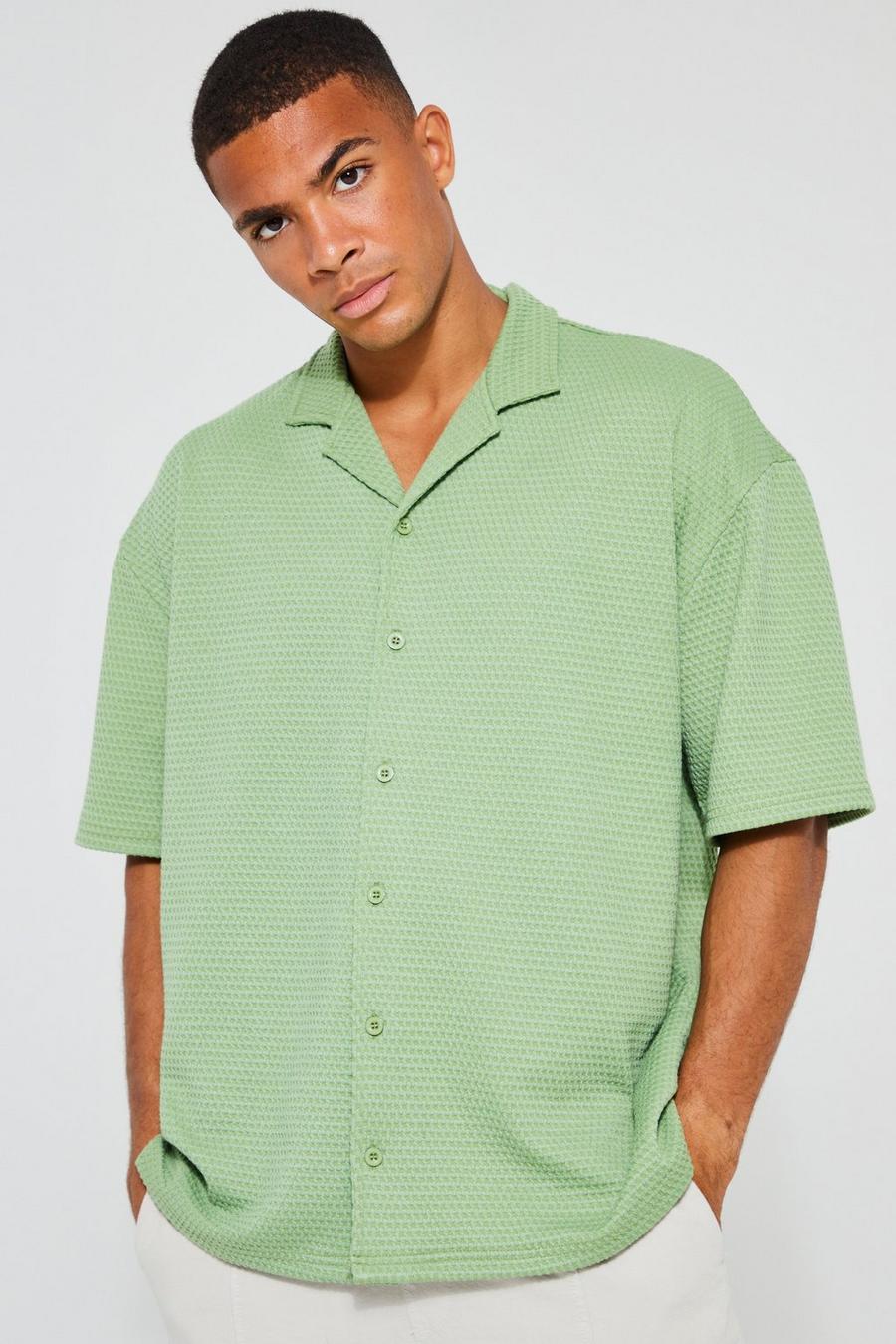 Khaki  Boxy Oversized Textured Revere Shirt image number 1