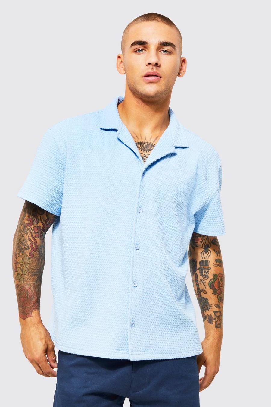 Light blue Short Sleeve Boxy Textured Revere Shirt