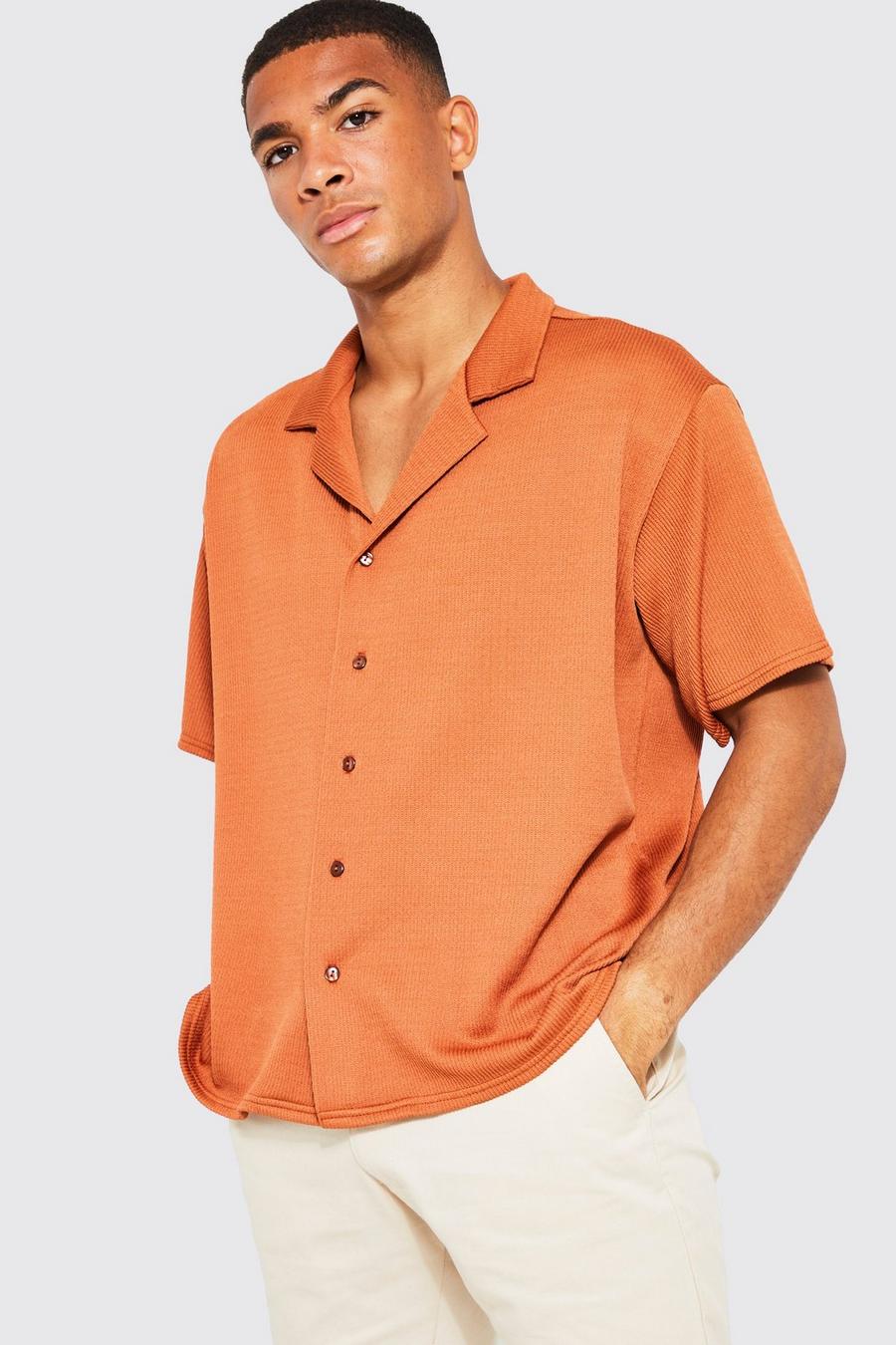 Rust orange Short Sleeve Drop Revere Textured Shirt
