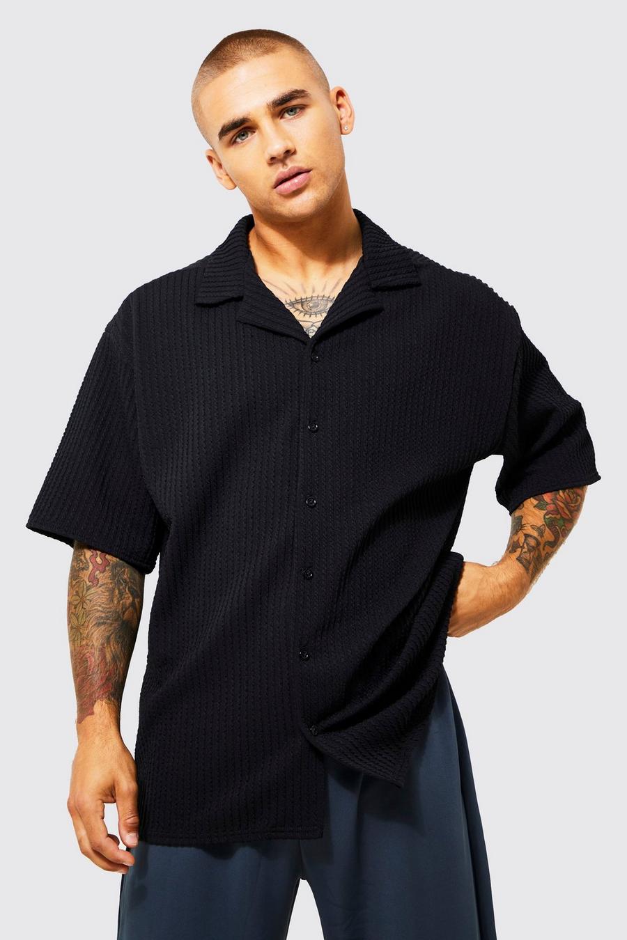 Black Oversized Boxy Fit Lightweight Textured Shirt